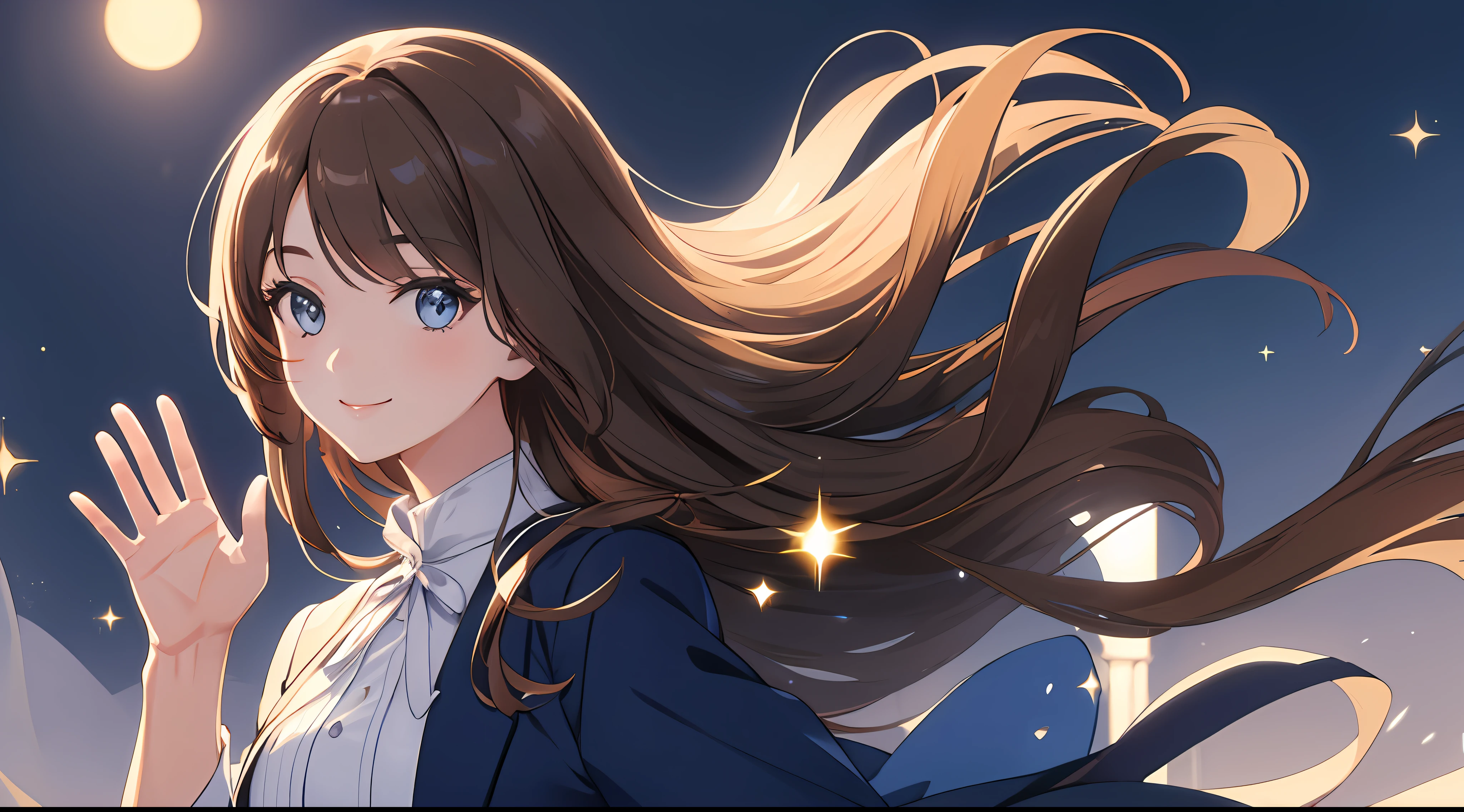 night, moonlight, (masterpiece), (best quality), (super detailed), (illustration), (one beautiful woman), (white shirt), (waving), smile, standing, fashion model, looking at the viewer, (interview), (simple background), finely beautiful eyes, delicate beautiful face, floating, (high saturation), (shine), focus on face, Ayaka Kamisato, brown hair, bangs, (sparkling), best lighting, The best shadows,