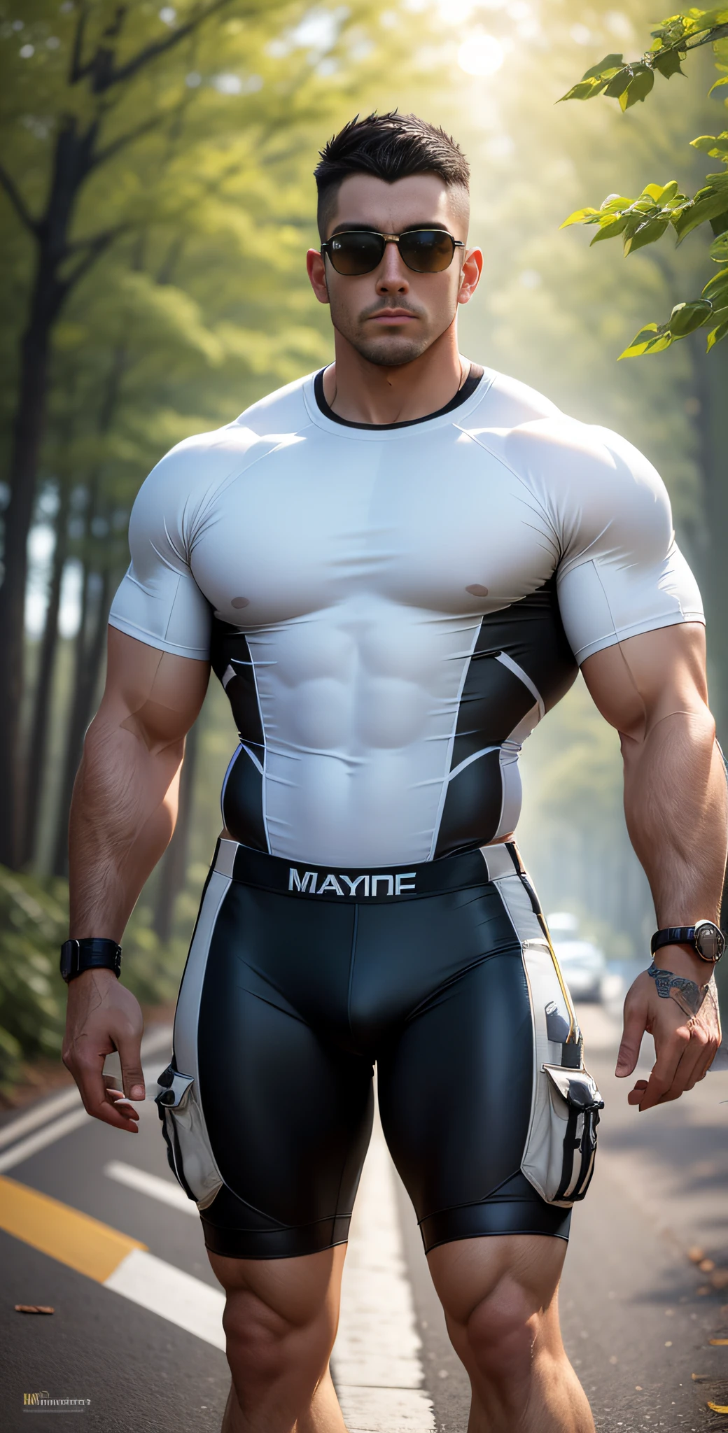 Man in off-white clothes standing in the middle of the sunny highway, American round inch head, Buzz cut, national character face, tall and burly, muscular male hero, heroic male pose, muscular! Wearing sunglasses, skins brand bodysuit tights, black hair, super gain and cool, high resolution committee, character design cycling enthusiast, sneakers, attractive strong man, sun shining through the woods