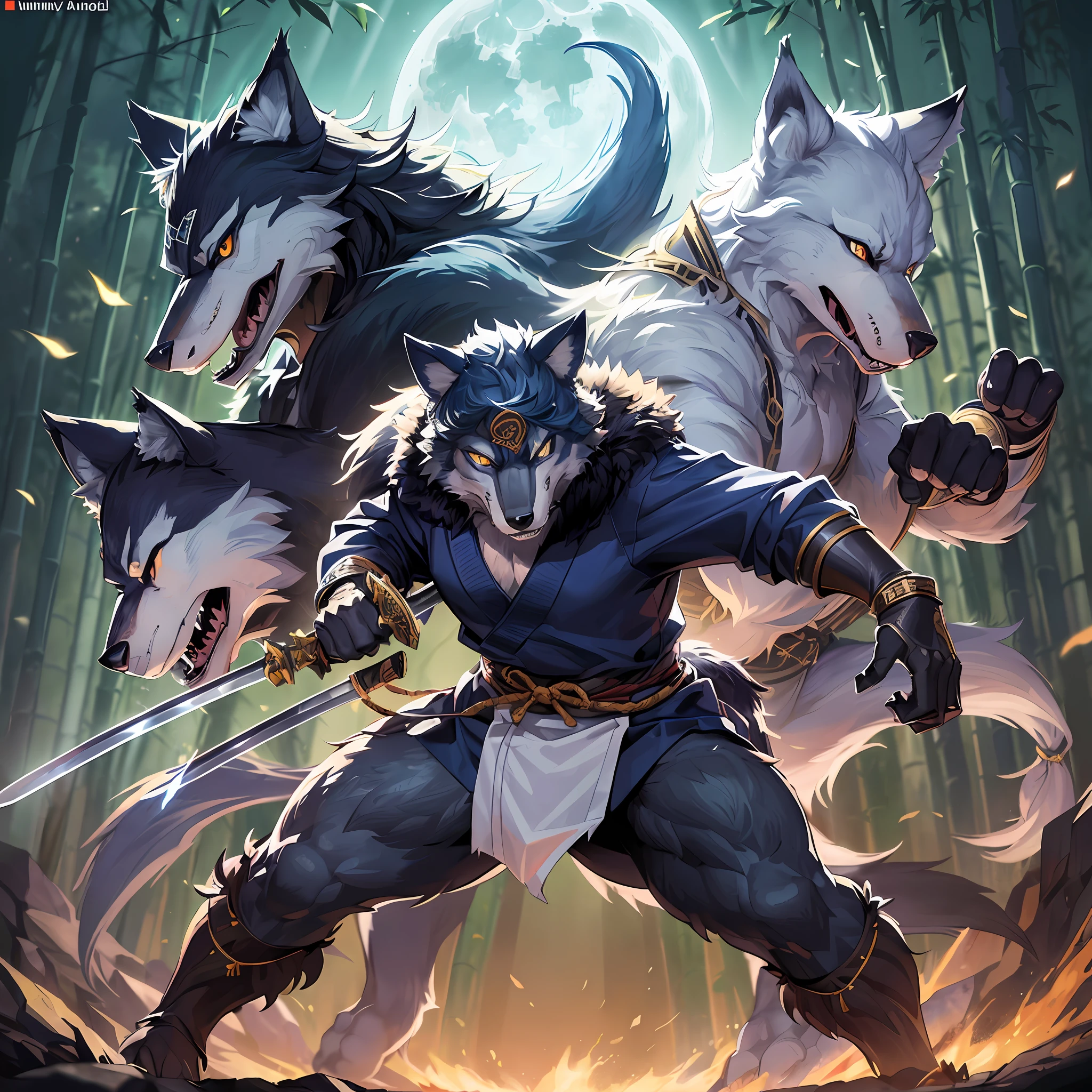 Top quality ultra-fine illustrations, movie poster, Zatoichi, Blind Swordsman, tarot card(bamboo forest, dark night with beautiful full moon, rays of light through bamboo, backlighting)(beautiful face and eyes with great detail)absurdres perfect anatomy((Beastman))(furry, solo focus, Japanese kimono, samurai, sword with blue flames, battle duels)(furry anthro:1.7)(((furry body, wolf facial features, wolf body features)))(((wolf muzzle highly detailed fur)))full body, sturdy look, shouting, combat regime, dash (dynamic pose),