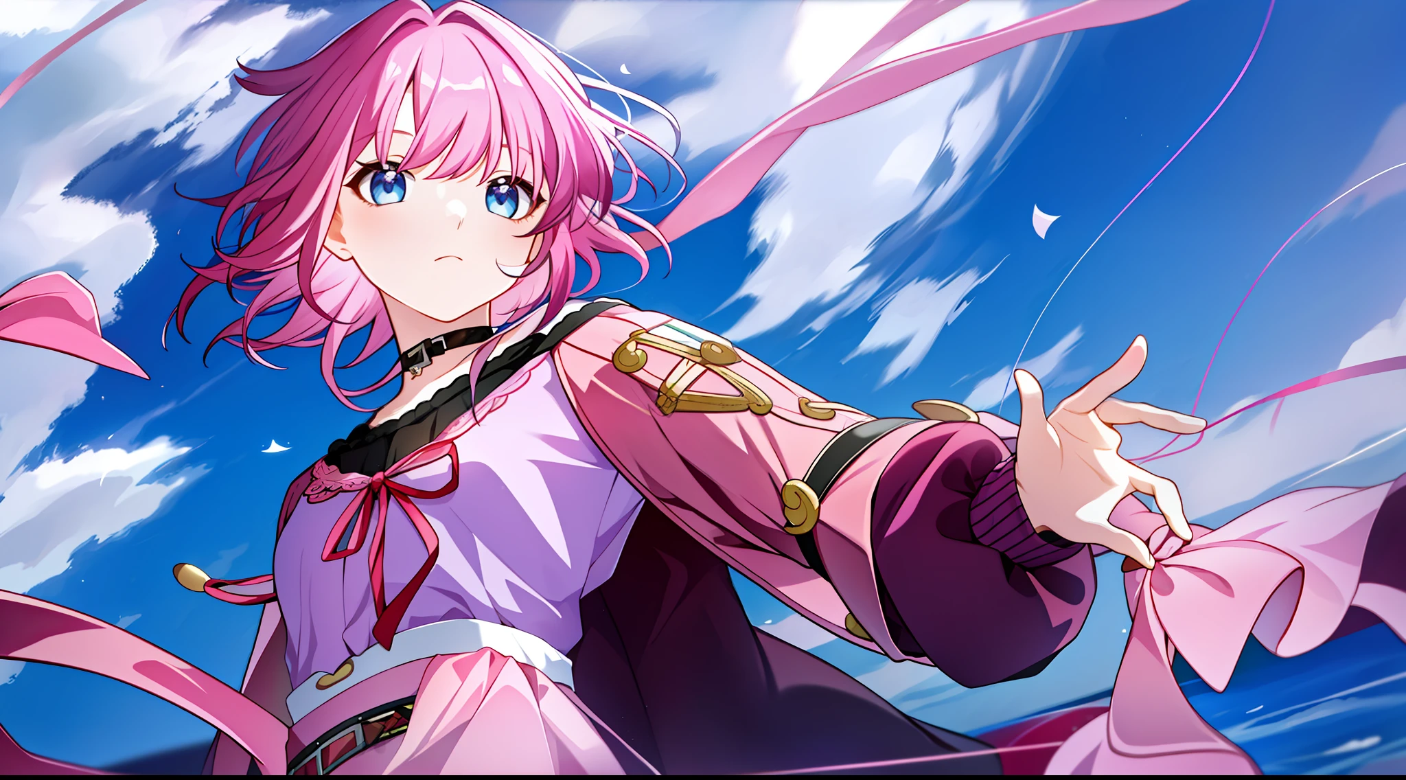 masterpiece, best quality, march7th, short hair, multicolored eyes, pink hair, bangs, blue eyes, long locks, ribbon earrings, shirt, skirt, choker, jacket, 1girl,