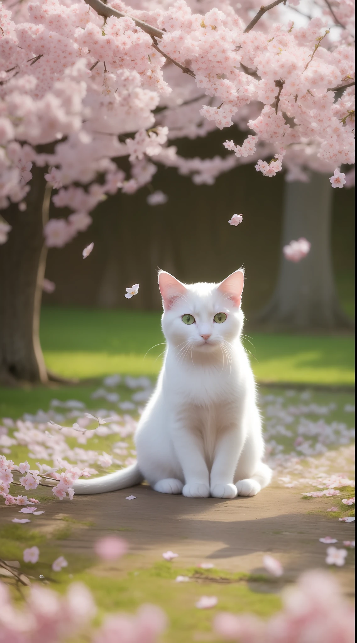 A charming cat playing under the cherry blossoms in spring. Its eyes reflect the cherry blossom petals, creating an elegant and touching atmosphere. The surrounding environment is filled with light, with cherry blossom petals falling and painting the scene in pink. Each petal has a detailed texture, conveying a sense of freshness and vitality. Overall, the image portrays a tranquil scene on a mild spring day