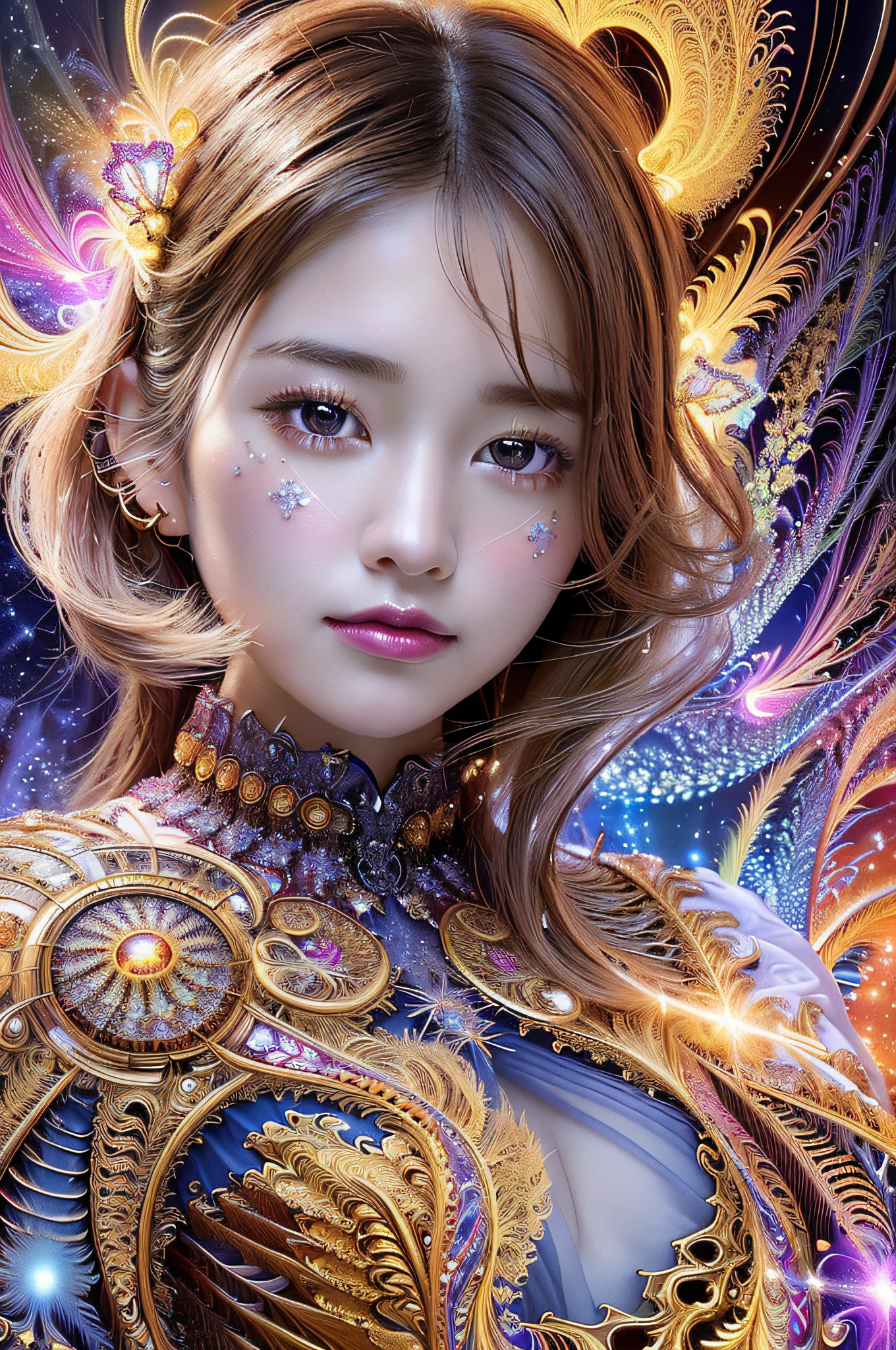 (masterpiece, top quality, best quality, official art, beautiful and aesthetic:1.2), (1girl), extreme detailed eyes, (fractal art:1.3), colorful, highest detailed, (perfect face), shiny skin, HDR, (white cloak golden lines:1.2), galaxy, (light streaks), striking visuals, (dynamic streaks, luminous trails:1.2), vibrant colors, (phoenix), (dragon)