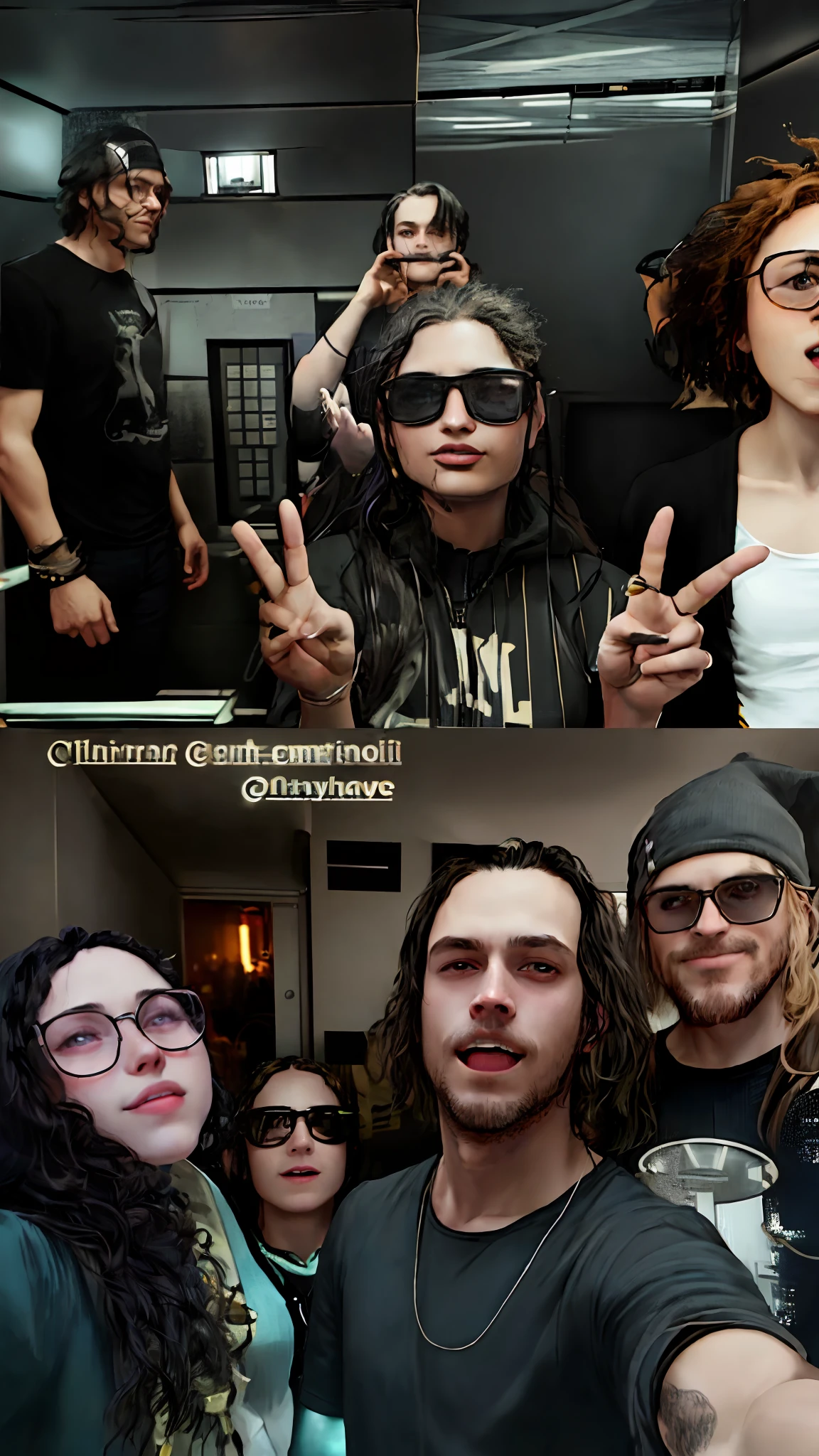 there are many people posing for a picture in a elevator, inhabited on many levels, smiles witeeh, opened mouth with teeh, big smiles, smile with teath, ahhhhhhh, mungojerrie and rumpleteazer, official, captured on iphone, real faces, ville valo, frank dillane, photograph taken in 2 0 2 0, hahaha, ((detailed face)), ((detailed facial features)), (finely detailed skin), pale skin, (the megacity cyberpunk environment, neon lights, skyscrapers), ((in a dark hallway)), soft natural light, wet skin, cyberpunk megacity environment, (cool colors), damp, reflections, (masterpiece) (perfect aspect ratio), (realistic photo), (best quality), (detailed) photographed on a Canon EOS R5, 50mm lens, F/2.8, HDR, (8k) (wallpaper) (cinematic lighting) (dramatic lighting) (sharp focus) (intricate), RAW photo, RAW photo, gigachad photo, posing for camera, black jeans, arms behind, 8k uhd, dslr, high quality, film grain, Fujifilm XT3, extremely detailed, photorealistic, realistic, incredibly absurd, highly detailed, sharp focus, (Professional Studio Lighting), (Professional Color Grading), Edge Lighting, Dramatic lighting, Cinematic lighting, Lumen reflections, Soft natural lighting, Soft color, Photon mapping, Radiosity, (Beautiful eyes), (Detailed eyes), (Detailed face), symmetrical eyes, sharp eyes, cold face, full body), (HIGH LEVEL OF DETAIL),(wet, oil-lubricated), colorful, lights, colorfull lights