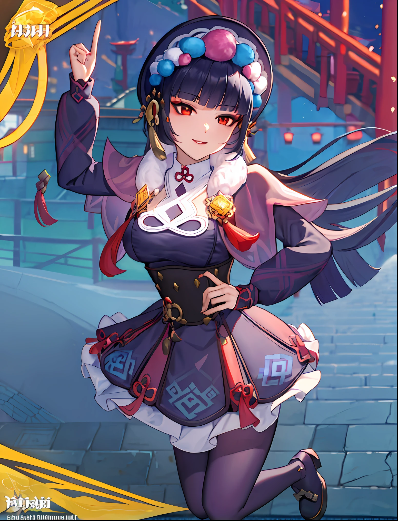 ((masterpiece:1.2)), yunjin(genshin impact), best quality, (pretty face), dramatic lighting,1girl, solo, blunt bangs, hime cut, black corset, black hair, collar, mascara, ((red eyeshadow)), long hair, sidelocks, floating hair, looking at viewer, (makeup), pink capelet, qi lolita, red eyes, puffy long sleeves, bonnet, purple dress, ((large breasts)), (under bust), parted lips, light smile, hand up, index finger raised, skirt, (purple pantyhose), (wind blowing skirt), anime screencap, (night sky), east asian architecture, Liyue, tassel, black footwear, (half closed eyes), genshin impact, boots, (full body view), (((official art))),