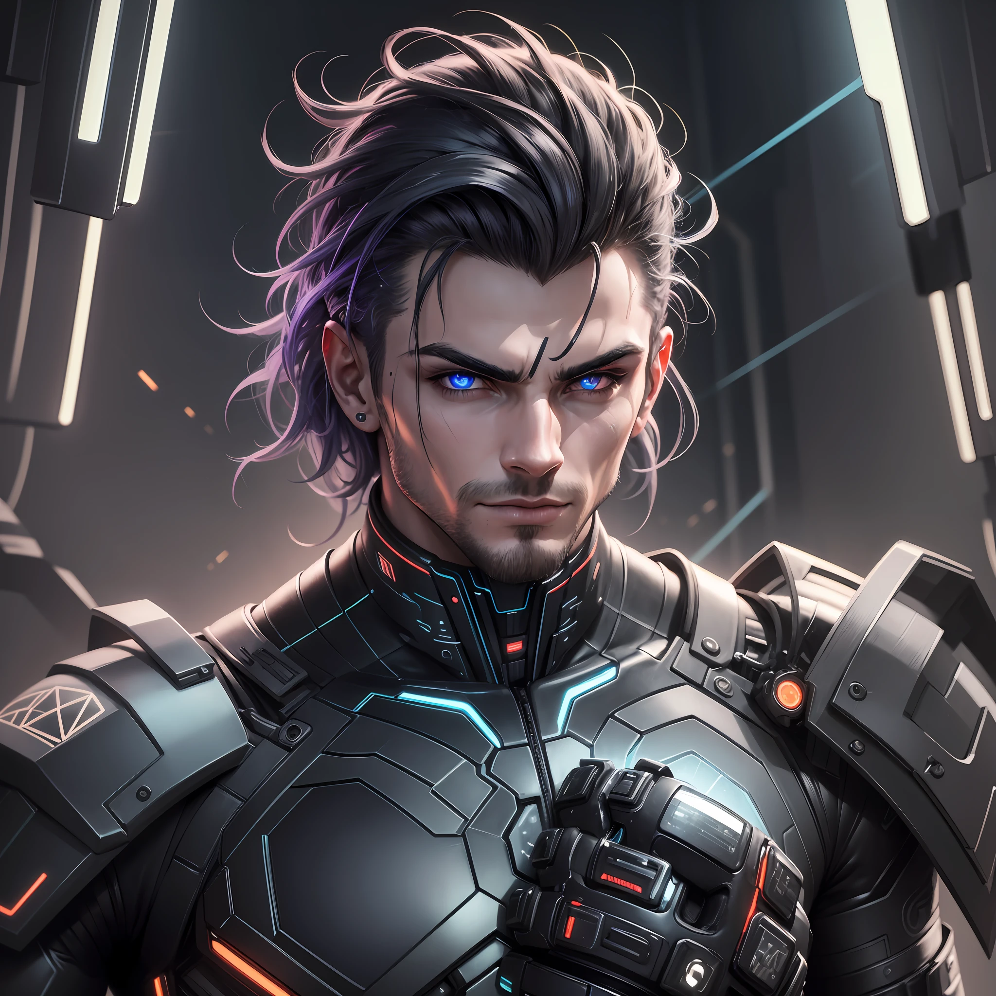 homem, sexo masculino, cybernetic body, altamente detalhado, electricity running through the super detailed right arm, ambiente cyberpunk, studio lighting, dark, Gothic, cabelo preto, technological tattoo on the right side of the face, olhos brilhantes e luminosos, cinematic --auto --s2