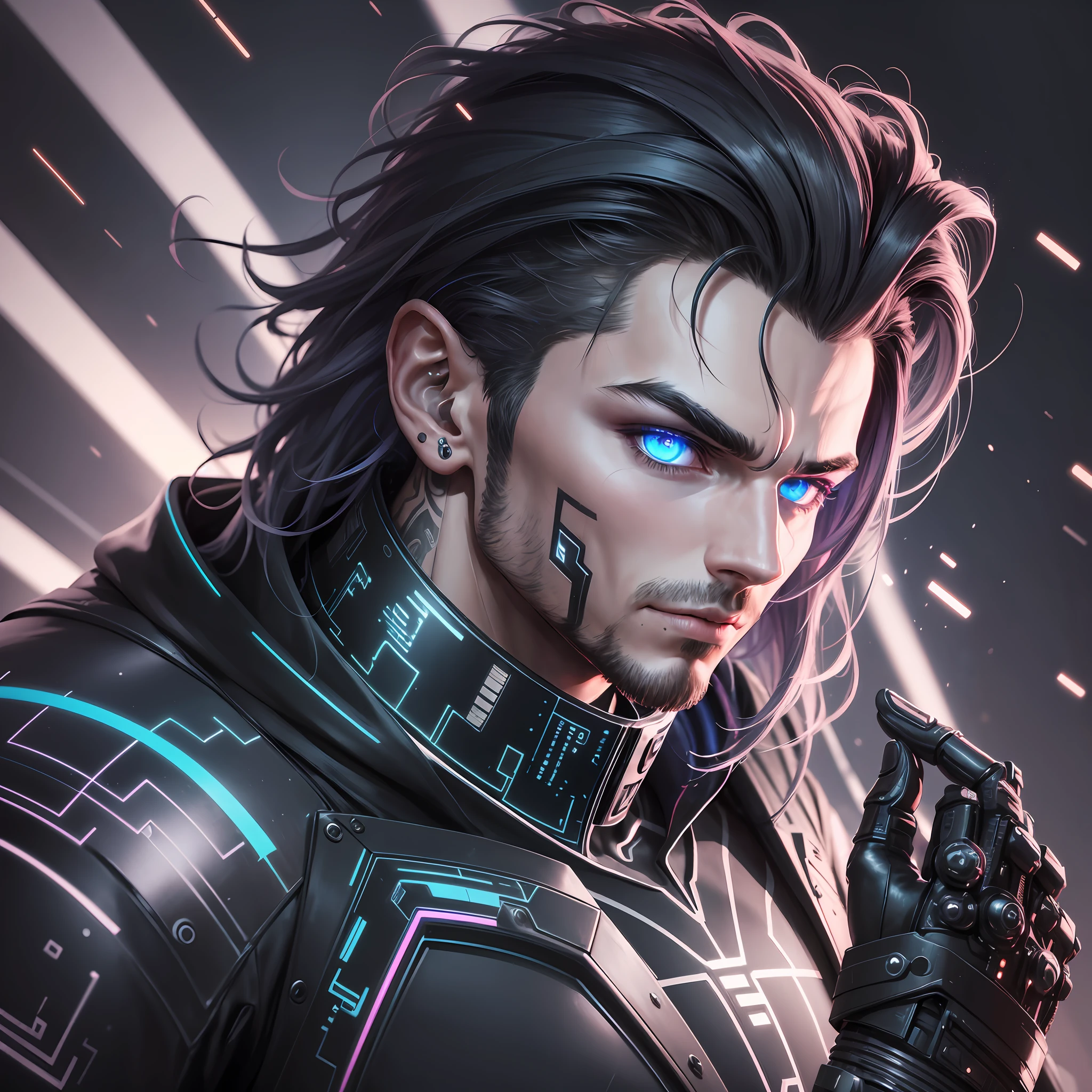homem, sexo masculino, cybernetic body, altamente detalhado, electricity running through the super detailed right arm, ambiente cyberpunk, studio lighting, dark, Gothic, cabelo preto, technological tattoo on the right side of the face, olhos brilhantes e luminosos, cinematic --auto --s2
