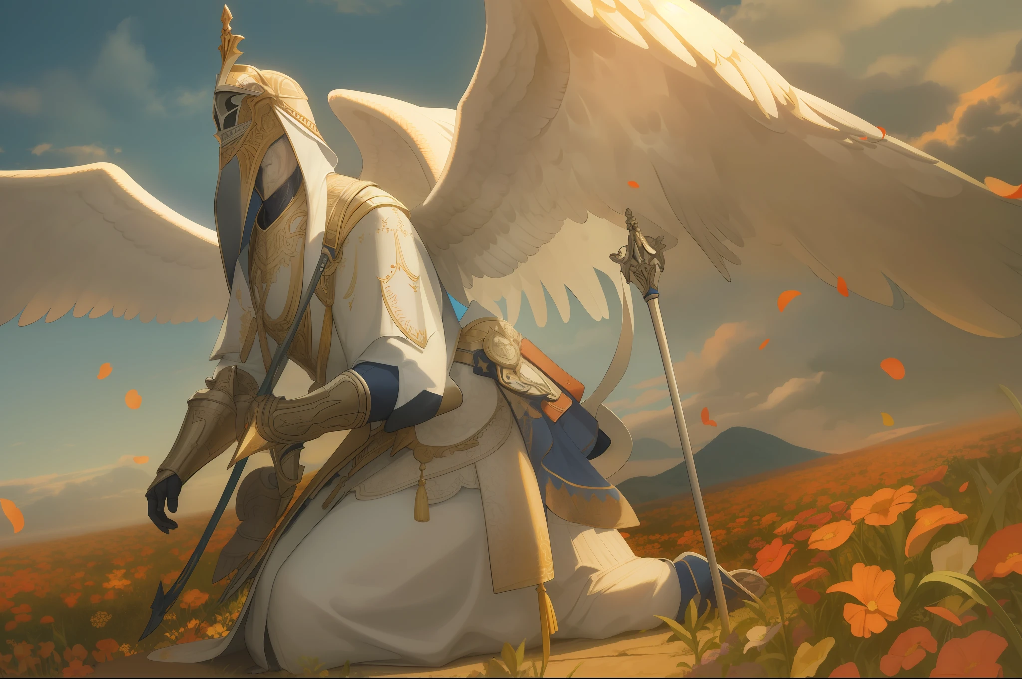 um homem cavaleiro armadura pesado sem seu elmo. Ultra realistic portrait kneeling to God with his angels coming from the bright sky, detalhes realista, ultra realista, cinegrafista, cores vivas. 4k