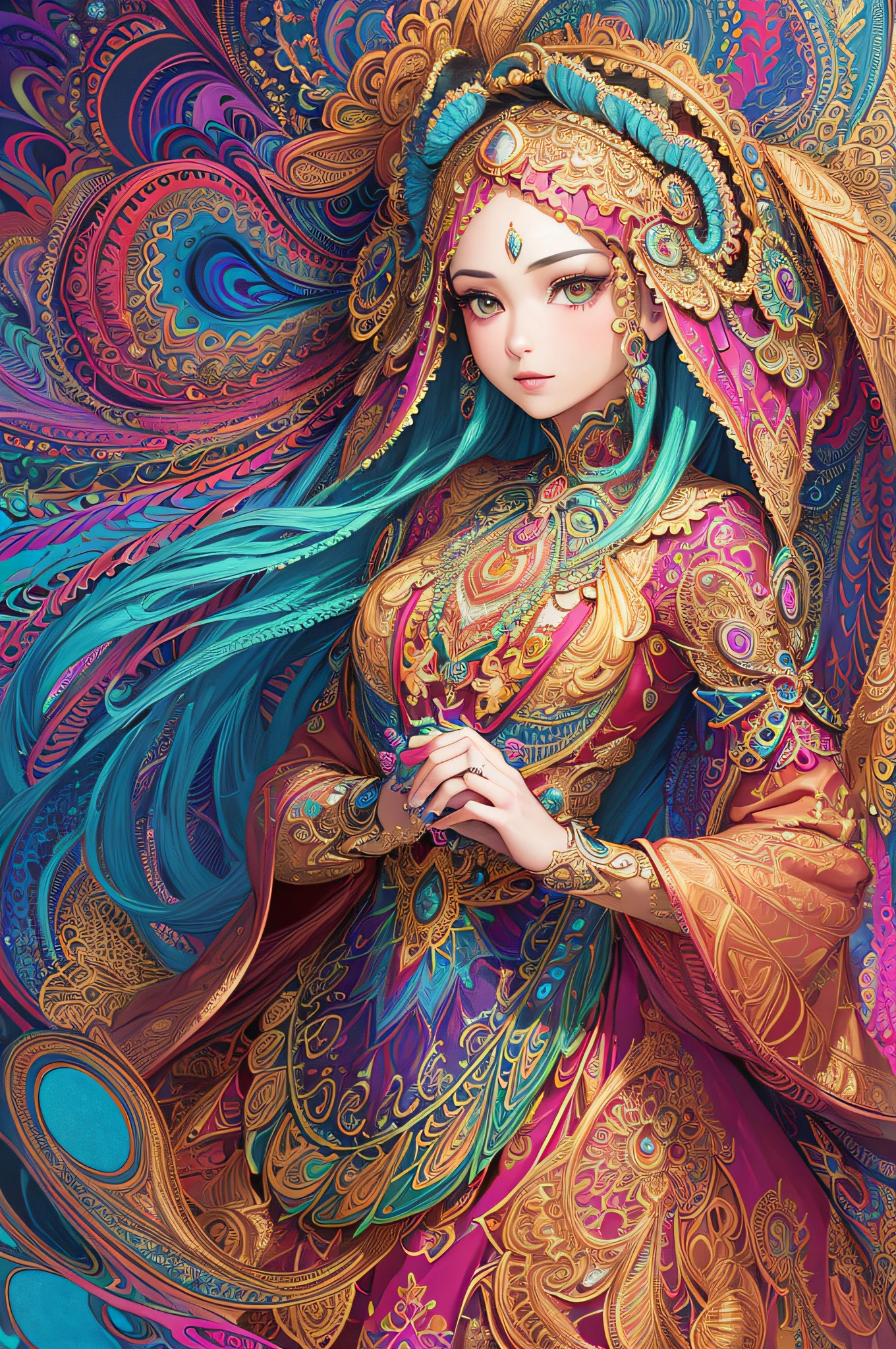 (masterpiece, top quality, best quality, official art, beautiful and aesthetic:1.2), (1girl:1.3), extremely detailed,(fractal art:1.2),colorful,highest detailed,(zentangle:1.2), (dynamic pose), (abstract background:1.5), (treditional dress:1.2), (shiny skin), (many colors:1.4), upper body