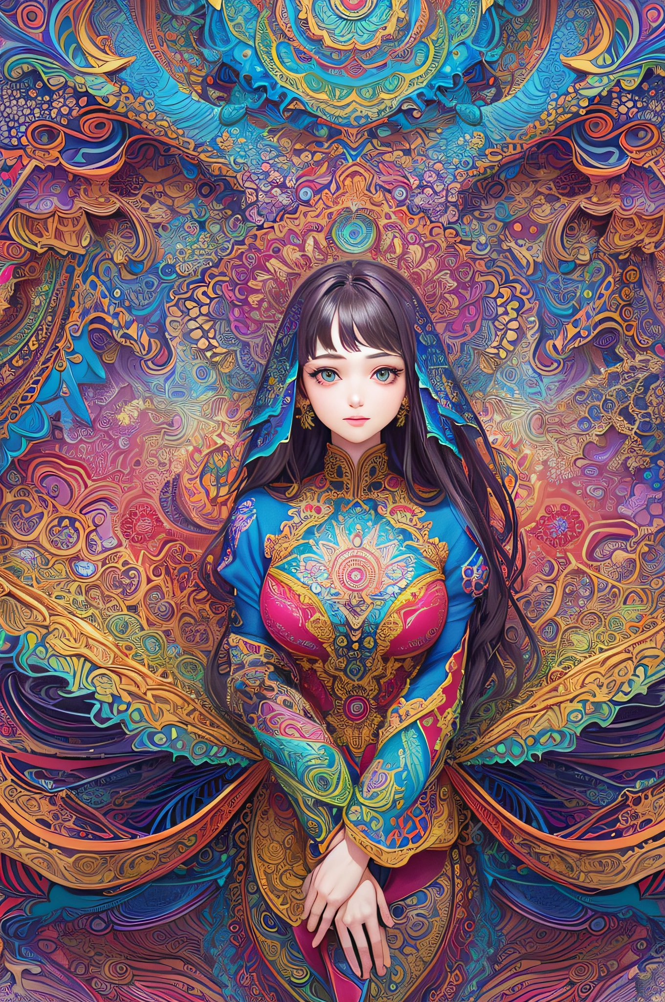 (masterpiece, top quality, best quality, official art, beautiful and aesthetic:1.2), (1girl:1.3), extremely detailed,(fractal art:1.2),colorful,highest detailed,(zentangle:1.2), (dynamic pose), (abstract background:1.5), (treditional dress:1.2), (shiny skin), (many colors:1.4), upper body