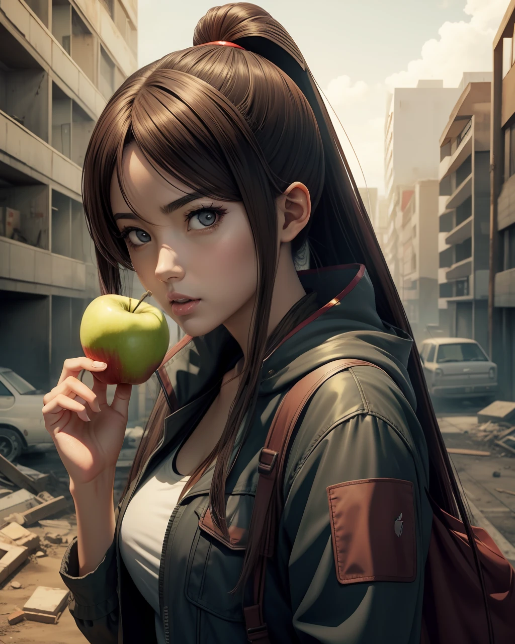 Anime Woman eating an apple after the apocalypse
