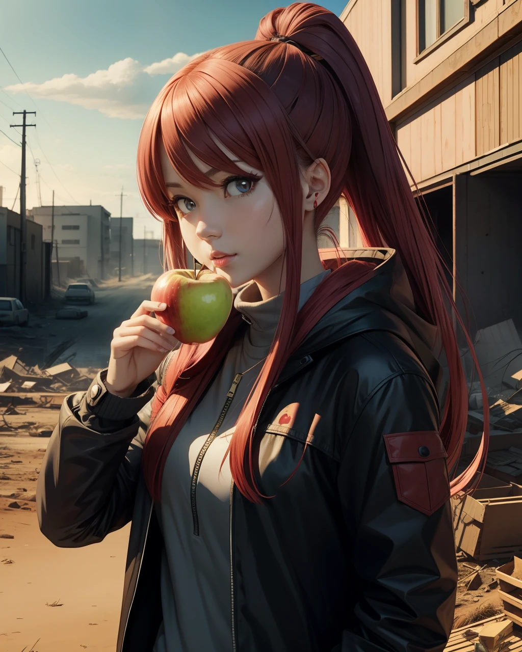 Anime Woman eating an apple after the apocalypse