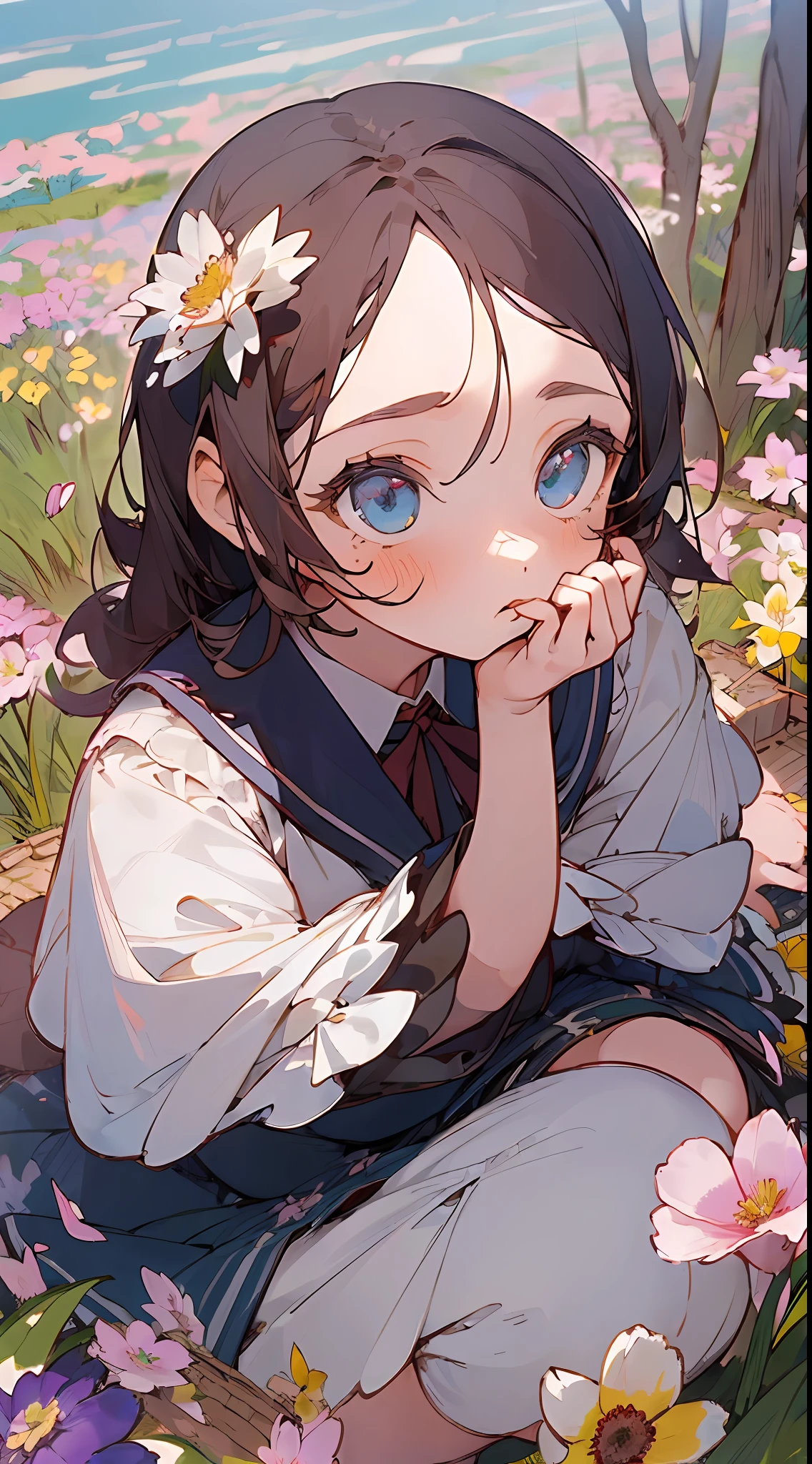 ((masterpiece,best quality)),(1girl, solo:1.4),negative space:1.3,from above,beautiful detailed eyes, vivid, cloudy sky, flower, anemone \(flower\), daffodil, hyacinth,falling petals,sanshoku dango, hanami, picnic, incoming kiss, incoming hug,