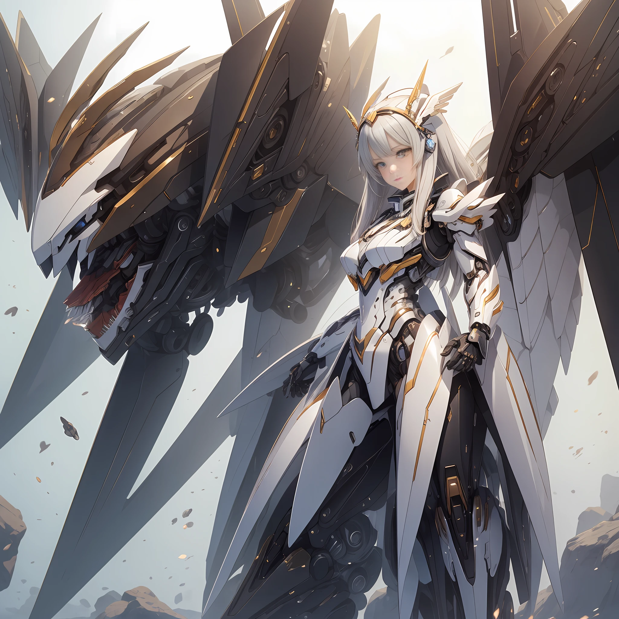 (masterpiece), (best quality), anime, 8k resolution, (1girl), solo, gorgeous face, detailed face, perfect body, mecha girl with robotic wings, white armor, exoskeleton, sexy, posing, cinematic light, outdoor