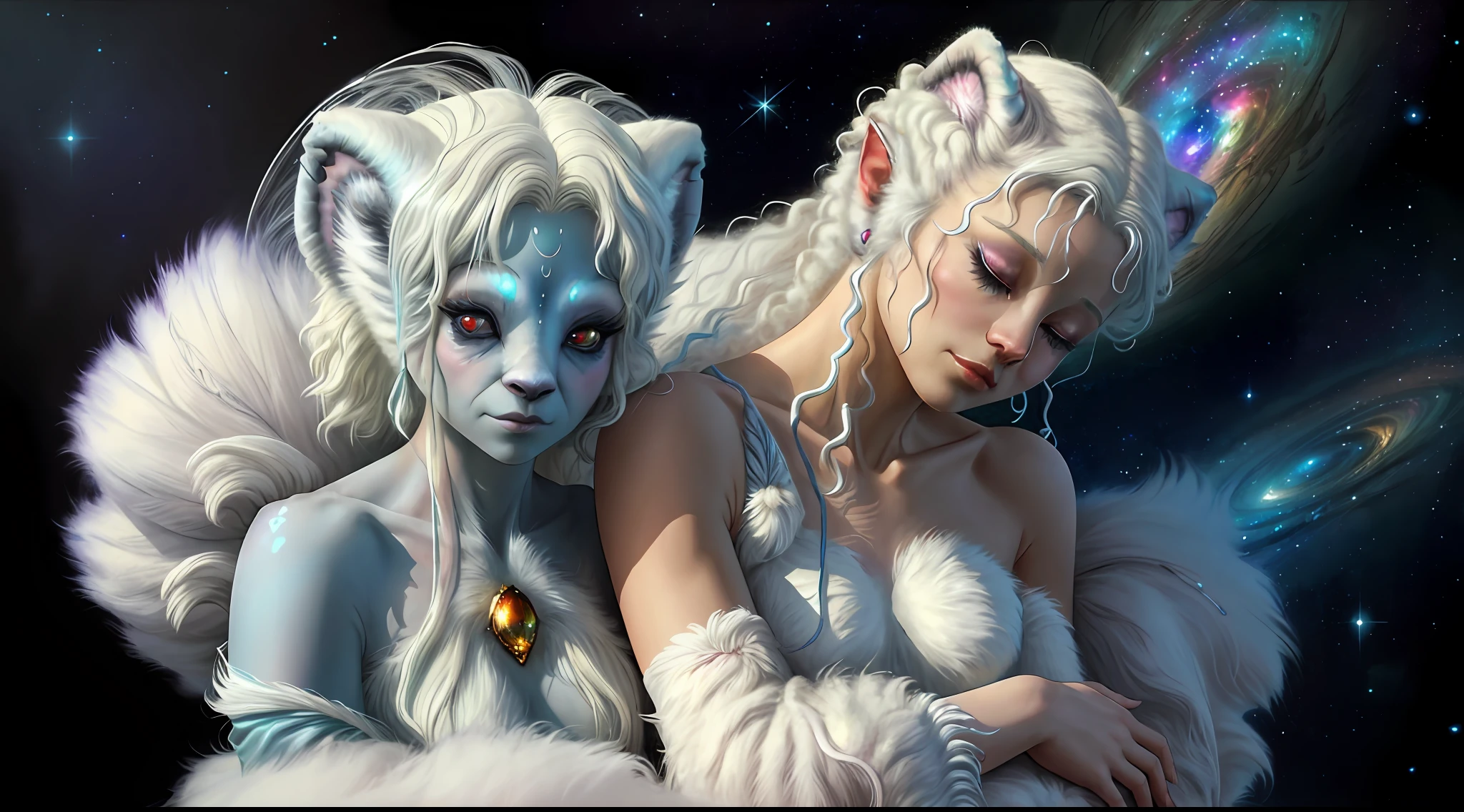 breathtaking masterpiece, best quality, highest quality, highly detailed, exquisite, award winning 8K digital painting of an ethereal and (incredibly beautiful female alien:1.4) with luminescent body parts that shimmer like stardust (lying gracefully on a steep cliff:1.2), casting a watchful gaze over (the galaxy:1.33), (a fluffy creature rests on her shoulder:1.8), intricate details, golden ratio, BaroqueAI, v0id3nergy, by Louis Royo