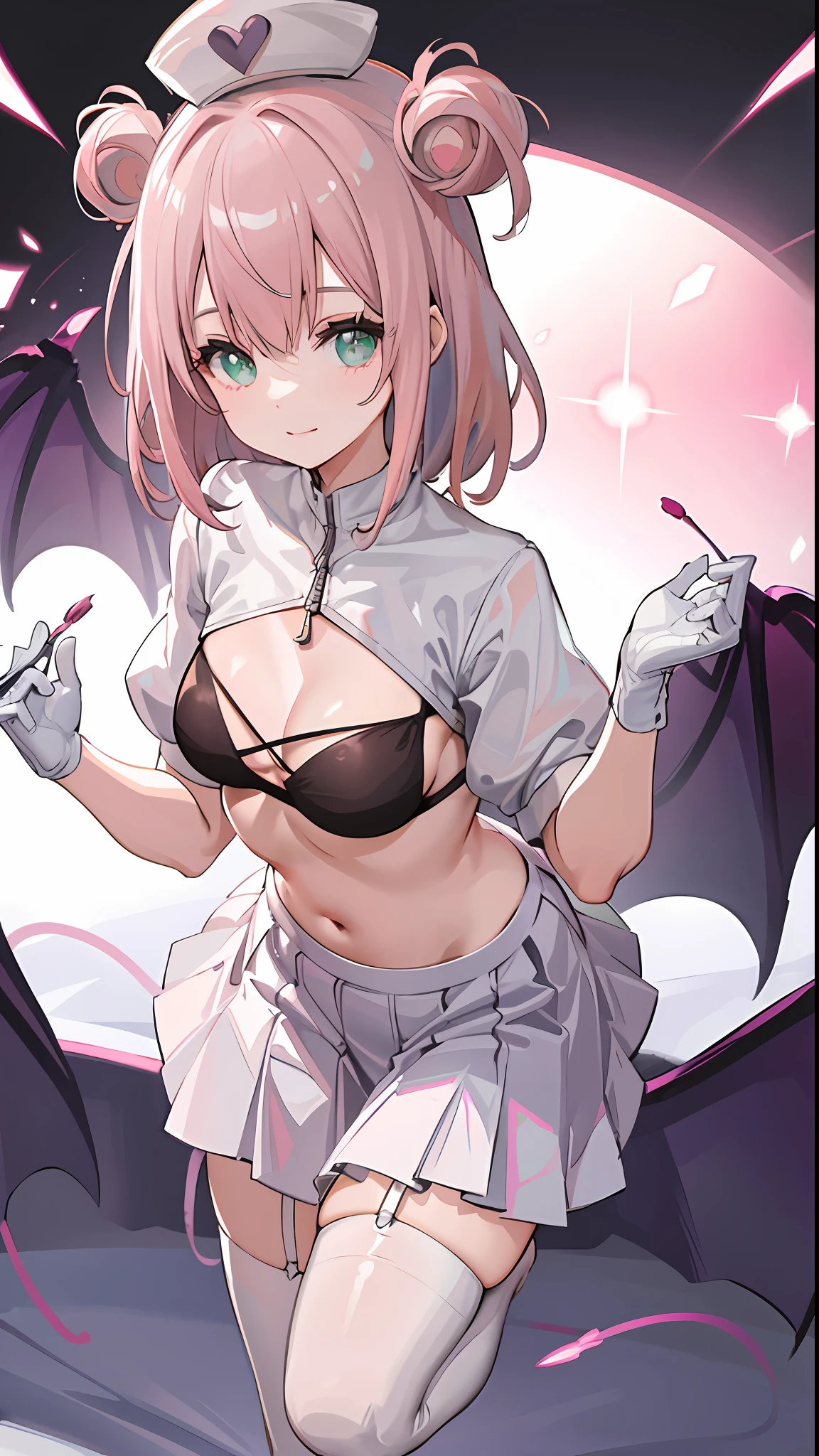 beautiful illustration, best quality, cute girl, bedroom, pink hair, happy, miniskirt, white blouse, two side up
