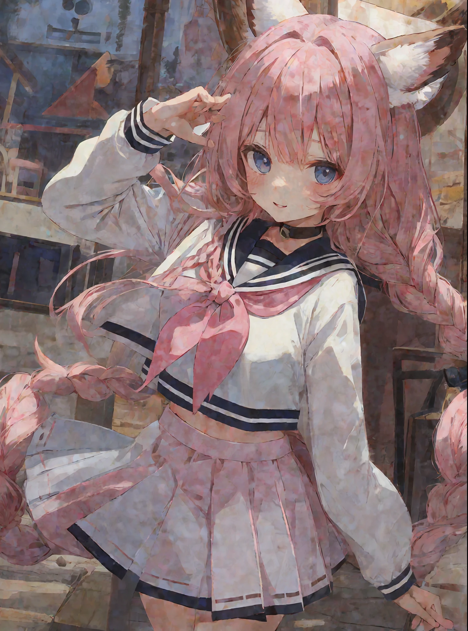 1girl, ahoge, animal ear fluff, animal ears, sailor collar, serafuku, skirt, pink hair, blush, braid, medium breasts, cowboy shot, cropped shirt, eyes visible through hair, deer ears, deer girl, fox tail, wavy hair, long sleeves, looking at viewer, midriff, navel, neckerchief, parted lips, pink hair, blue eyes, sailor collar, school uniform, skirt, smile, solo, streaked hair, tail