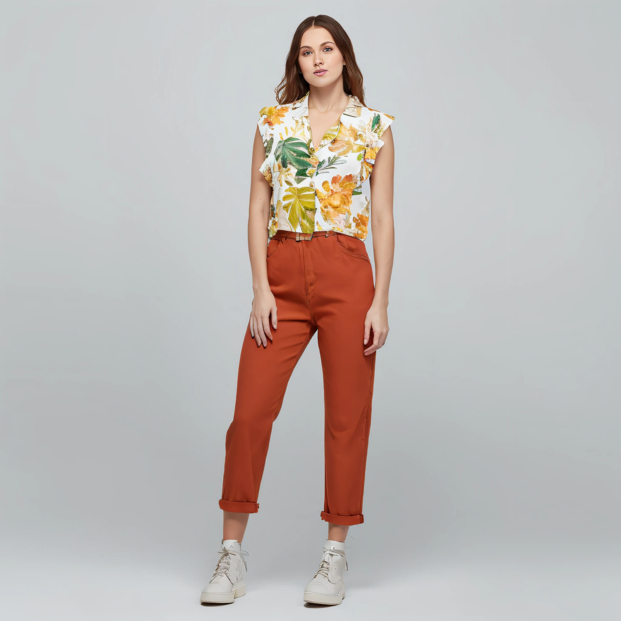 arafed woman in a floral shirt and orange pants posing for a picture, full body wide shot, full body frontal view, 7 0 s vibe, productphoto, trendy clothes, fullbody view, full lenght view, a wide full shot, full length view, detailed product image, wearing crop top, 3/4 front view, elegant tropical prints