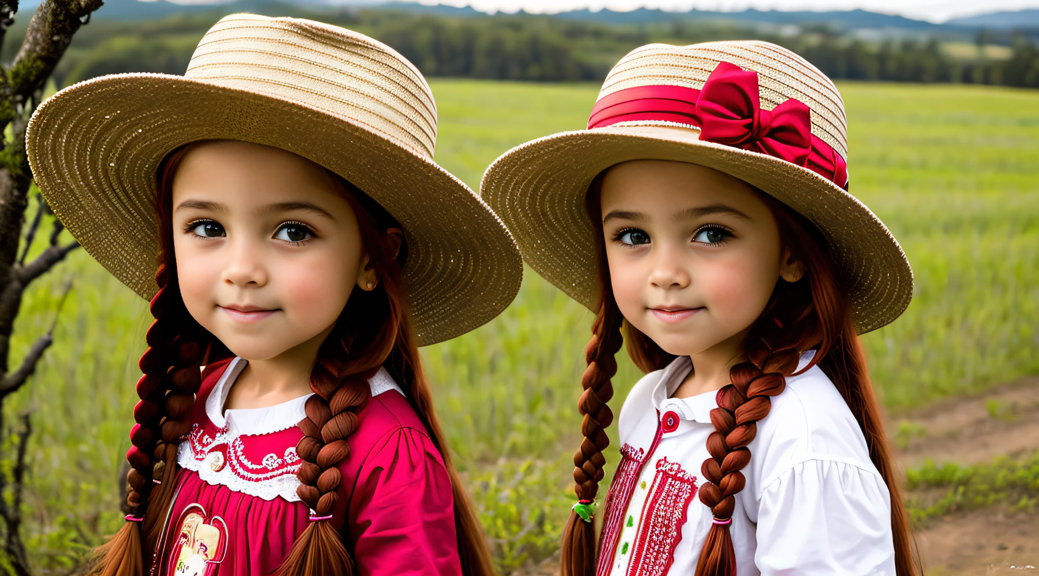 estilo russo, Girl children, portrait , long red hair of braids with hat, estilo fazendeira, com rolos de feno e trigo e cavalo, celeiros, Apples, laas de leite.
