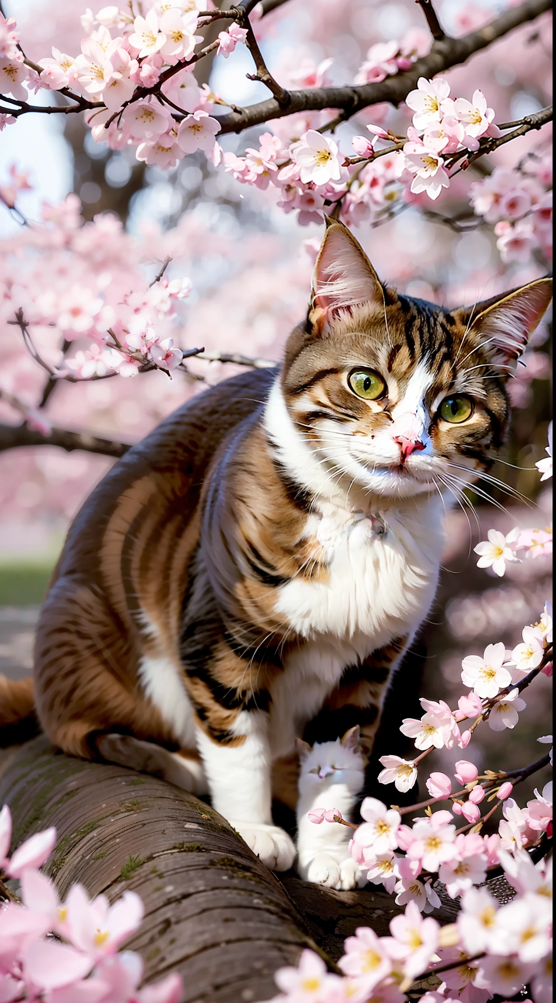 A charming cat playing under the cherry blossoms in spring. Its eyes reflect the cherry blossom petals, creating an elegant and touching atmosphere. The surrounding environment is filled with light, with cherry blossom petals falling and painting the scene in pink. Each petal has a detailed texture, conveying a sense of freshness and vitality. Overall, the image portrays a tranquil scene on a mild spring day
