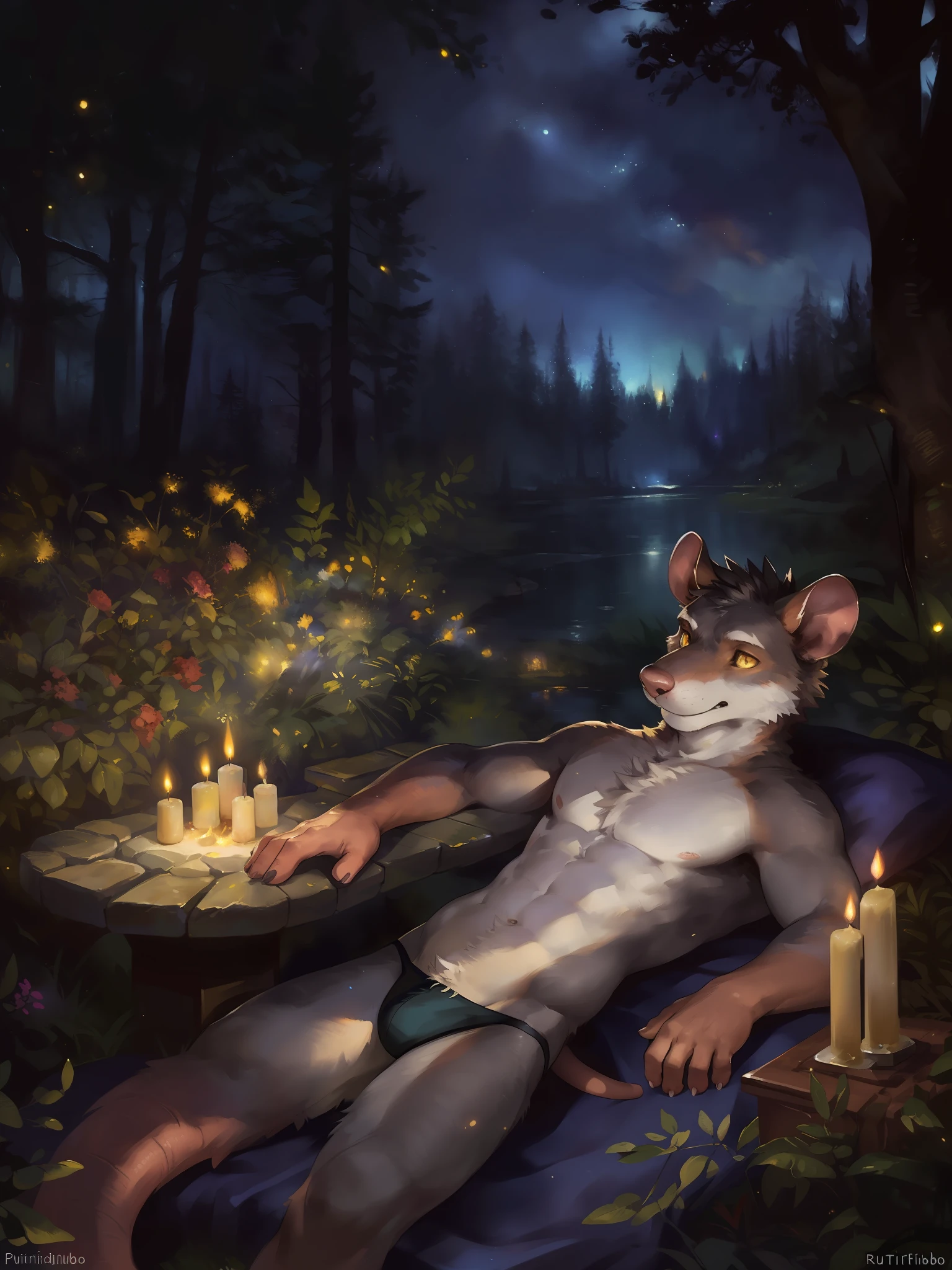 solo, male, (slim), (male anthro possum):1.3, (laying on back):1.3, (kemono:1.4)
(typing code):1.23, (black thong, red pattern:1.2),
detailed eyes, possum tail,  
((bust portrait)), (detailed eyes, yellow eyes, glowing eyes):1.1,
(outdoors:1.35), altar, fire, smoke, forest, candle, night, (particles ,firefly, blue glowing):1.3, 
detailed background, photorealistic, realistic hands, 8k hd,
(dark shadows, wide dynamic range, hdr, low light:1.2),
by (by Pino Daeni, (by ruaidri), (by virtyalfobo), (by Kenket).