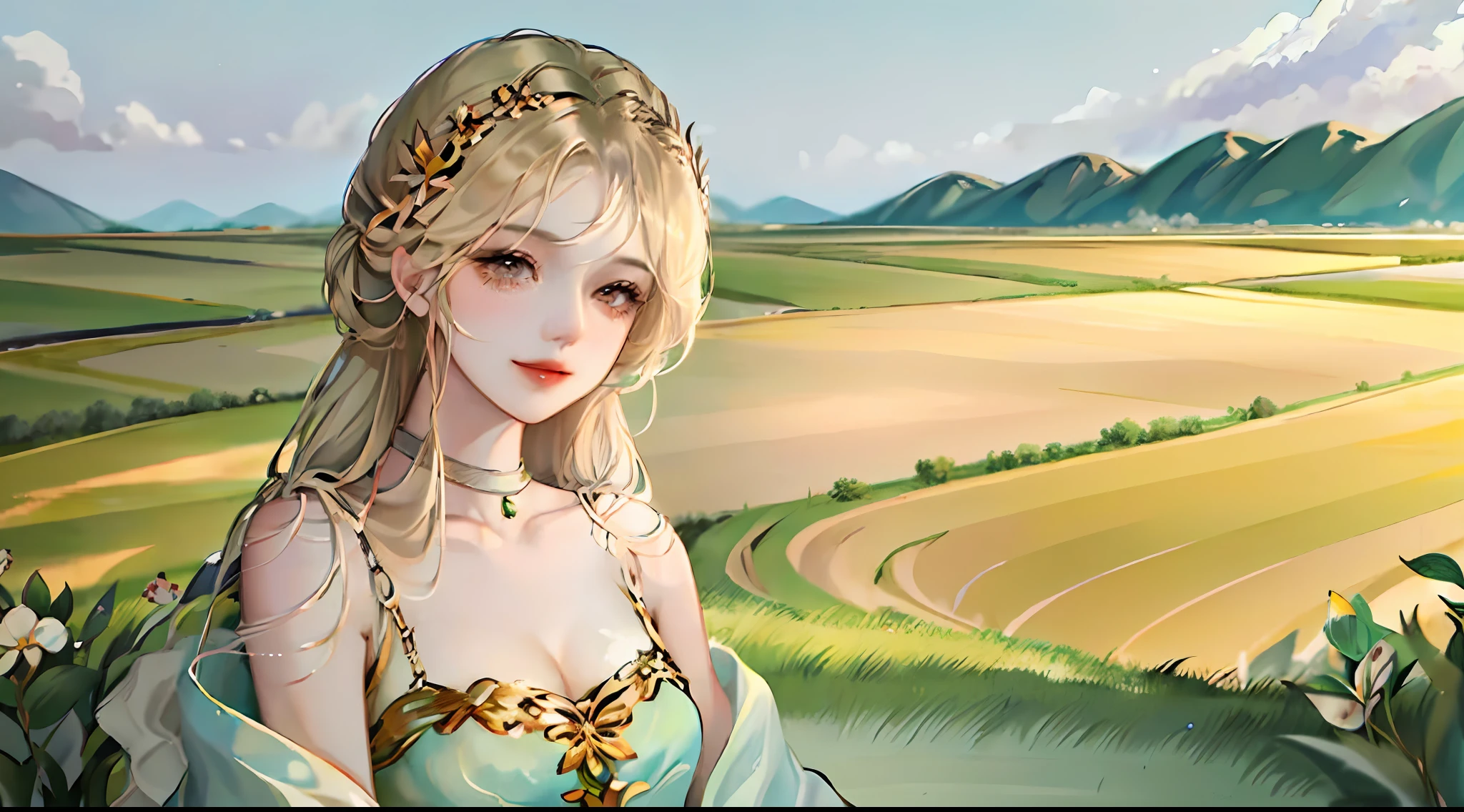 A girl with braids, dressed in an off-the-shoulder Sundress, stands in a rural field. She has a gentle smile, expressive eyes and sexy cleavage. In the background is a green rice field with a clear blue sky. Bask in warm golden time, soft depth of field and soft defocus to accentuate the tranquility of the countryside. Take this photo as if it were taken on vintage 35mm film to add charm and look at the viewer,