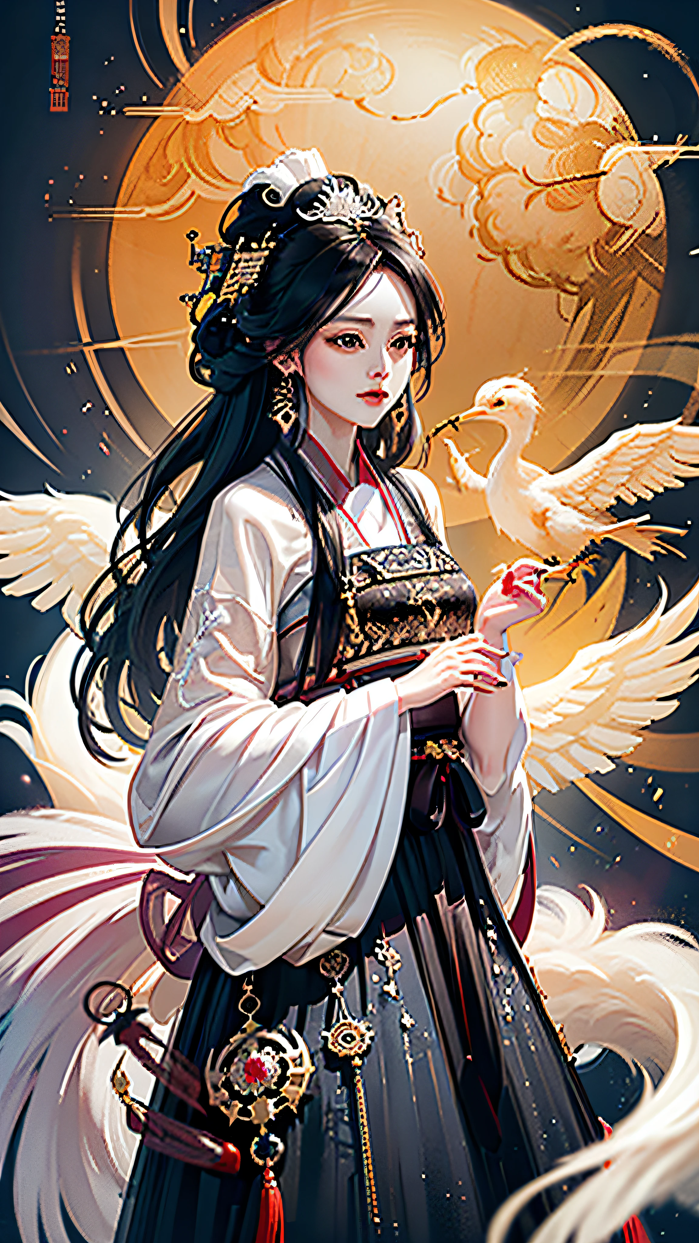Unified 8k wallpapers, ultra-detailed, beautiful and aesthetic, masterpiece, best quality, details are clearly visible, hair is clear, (fractal art: 1.4), 1girl close-up, long black hair, long flowing hair, fringed hair ornaments, Chinese, black and white Ming dynasty Hanfu, black and white embroidery, fringed waist ornaments, jade pendant, long skirt, horse face skirt, tulle clothes, background cloudy, ancient Chinese architecture, black and white main colors, petals, very detailed, dynamic angle, (most beautiful form chaos), ethereal, OC, (half: 1), ancient Chinese architecture, black and white main colors, black long skirt, (ribbon: 1.5), (dream: 1.5), (Ming dynasty Hanfu: 2), Chinese white dragon, white phoenix, (smile: 0.5 ),