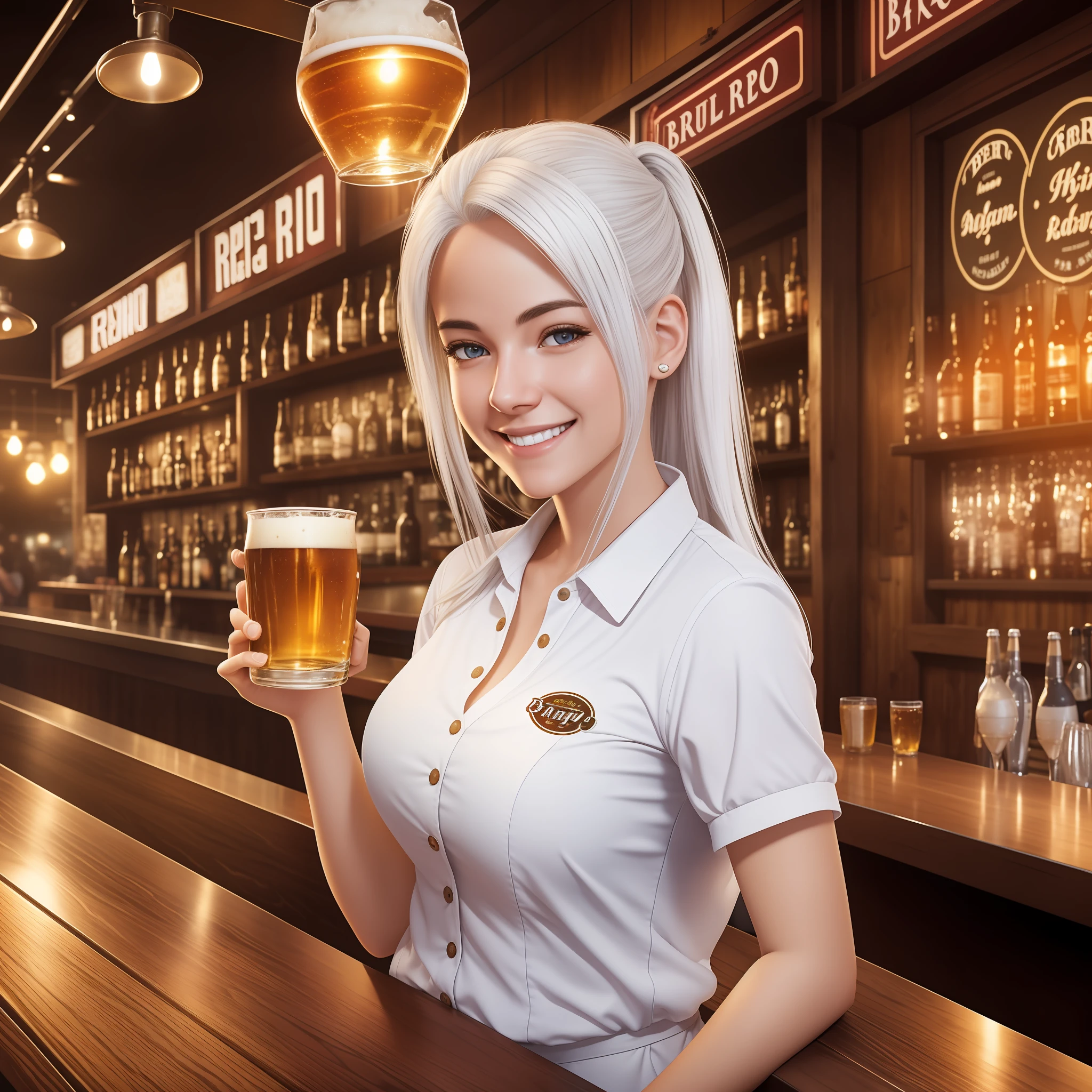 photorealistic, high resolution, cinematic lighting, 1 girl, white hair, smiling, aisan girl, brown eyes, white cloething, background: beer restaurant with signboard named "Kay", --auto --s2