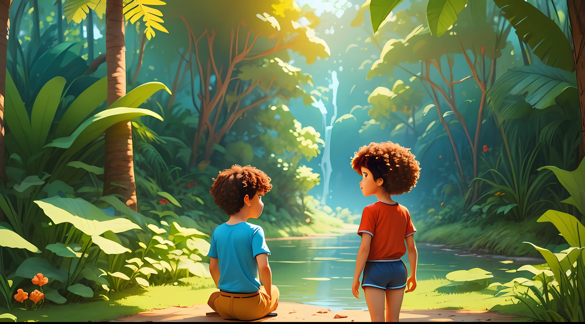 Handmade drawing style for children's story, with strong colors and magical but realistic environment. A boy in blue shorts and red tshirt with light brown hair straight and short! and a girl with brown skin and very curly brown hair. They're in the jungle