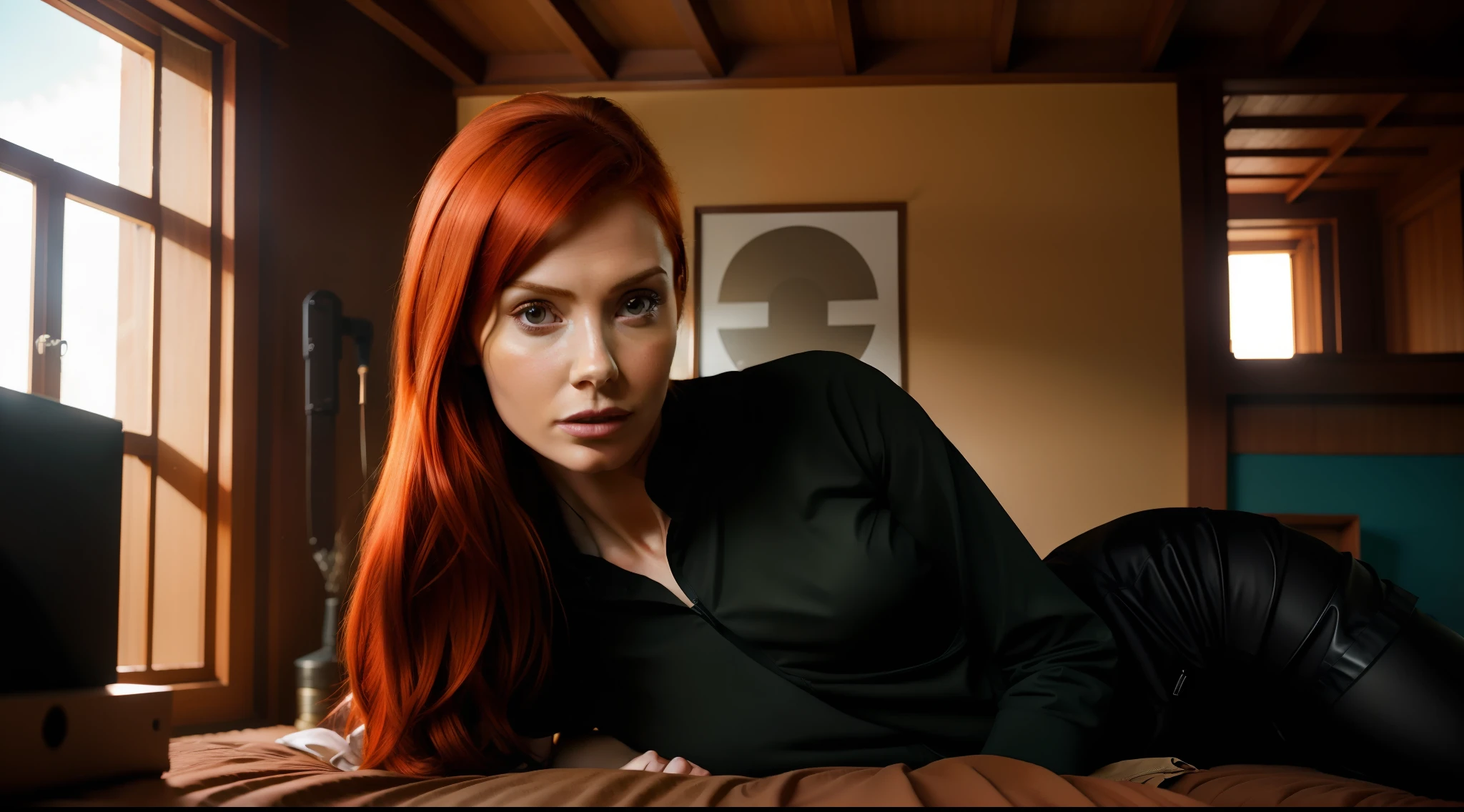 solarpunk house bedroom environmental wide angle shot, stylish solarpunk style clothing, redhead woman, Karen Gillan, vibrant, photorealistic, realistic, dramatic, dark, sharp focus, 8k