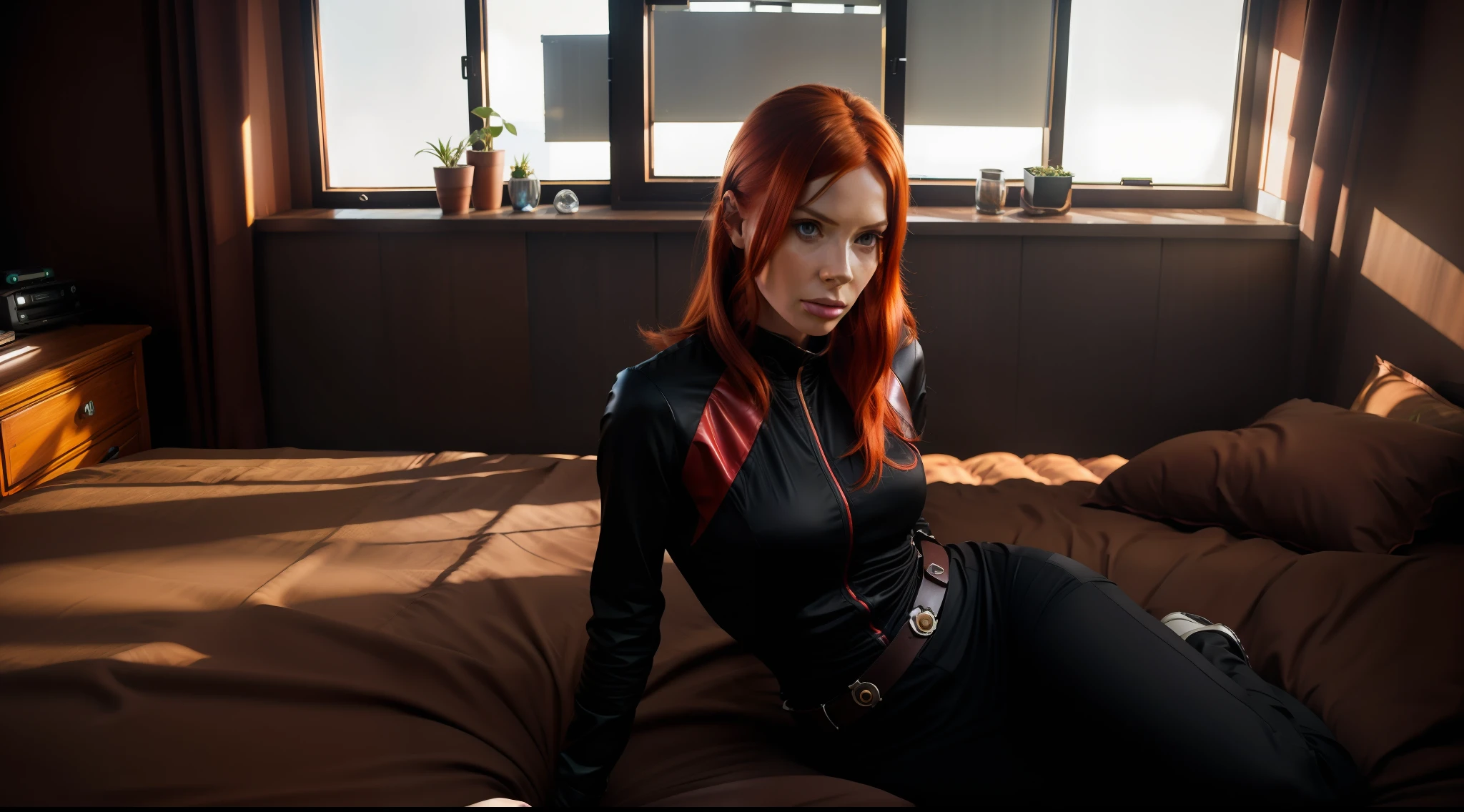 solarpunk house bedroom environmental wide angle shot, stylish solarpunk style clothing, redhead woman, Karen Gillan, vibrant, photorealistic, realistic, dramatic, dark, sharp focus, 8k