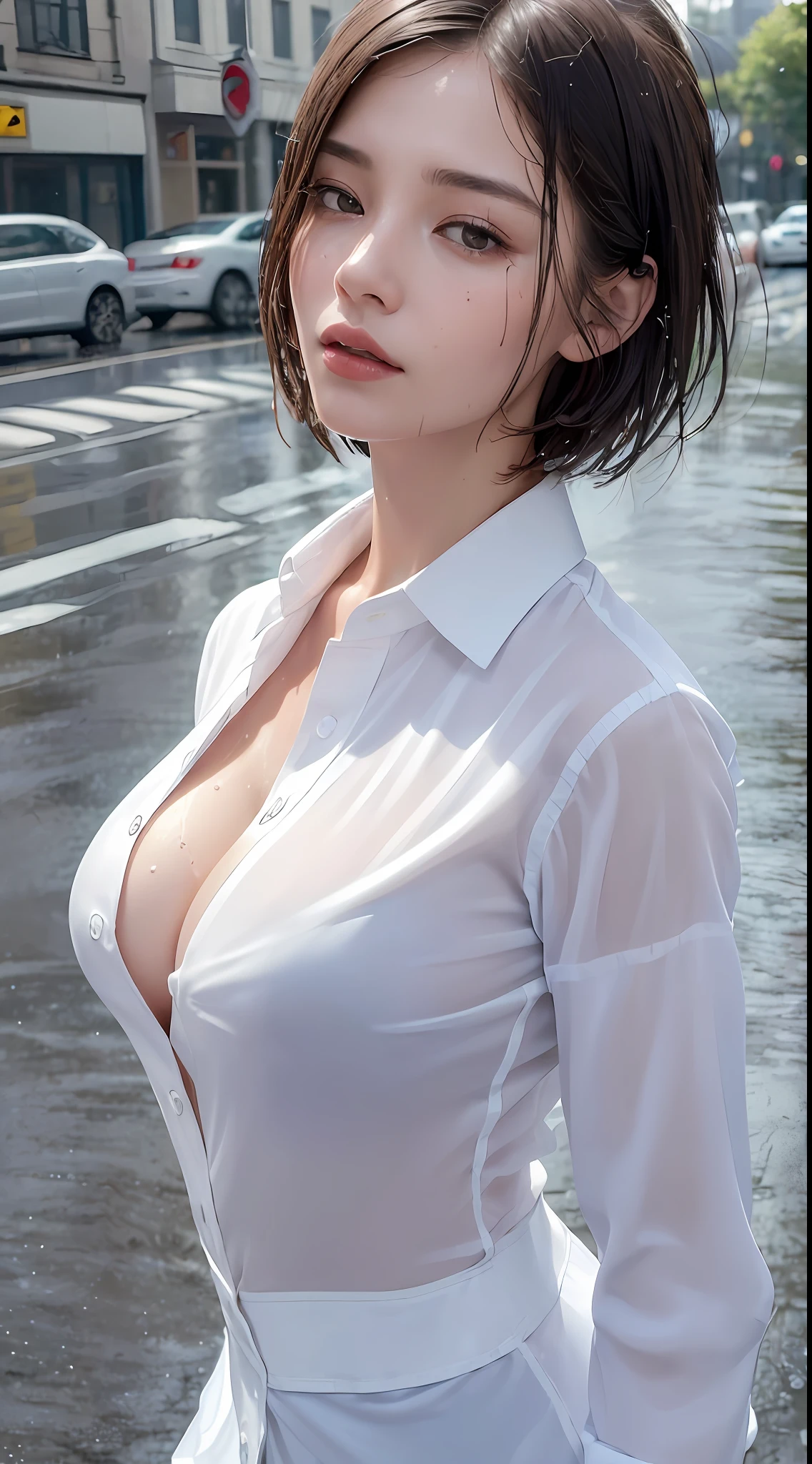 ((Best quality, 8k, Masterpiece :1.3)), Sharp focus :1.2, A pretty woman with perfect figure :1.4, Slender abs :1.2, ((Layered haircut, Big breasts :1.2)), (Wet white button up long shirt :1.1), (Rain, Street:1.2), Wet body :1.5, Highly detailed face and skin texture, Detailed eyes, Double eyelid