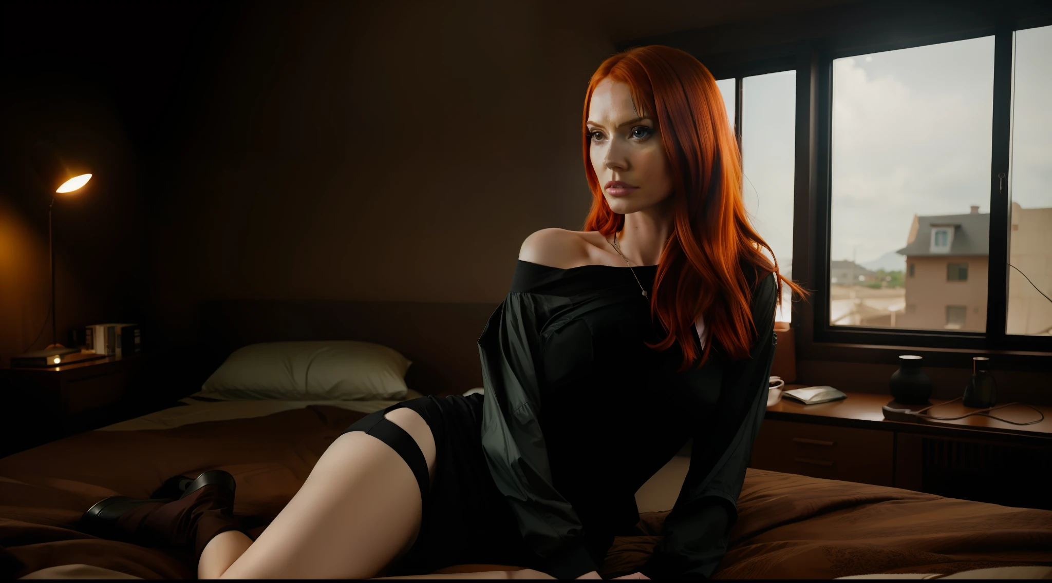 solarpunk house bedroom environmental wide angle shot, stylish solarpunk style clothing, redhead woman, Karen Gillan, vibrant, photorealistic, realistic, dramatic, dark, sharp focus, 8k