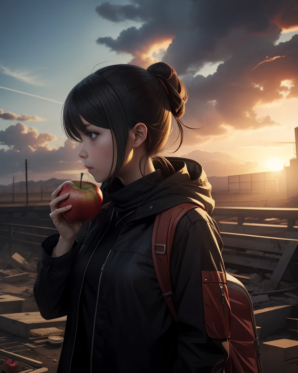 Anime Woman eating an apple after the apocalypse