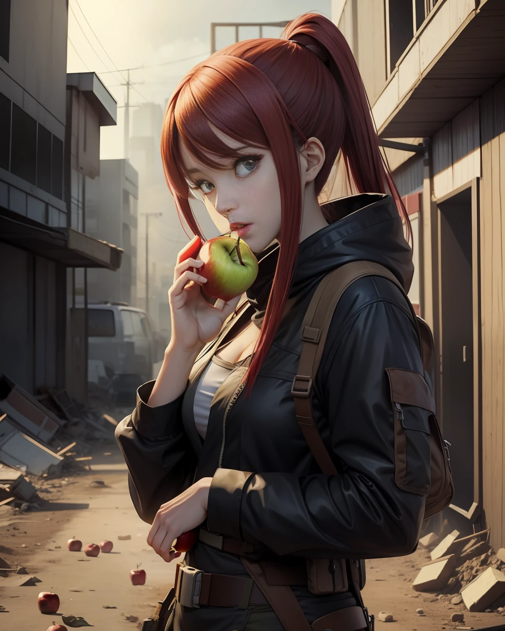 Anime Woman eating an apple after the apocalypse