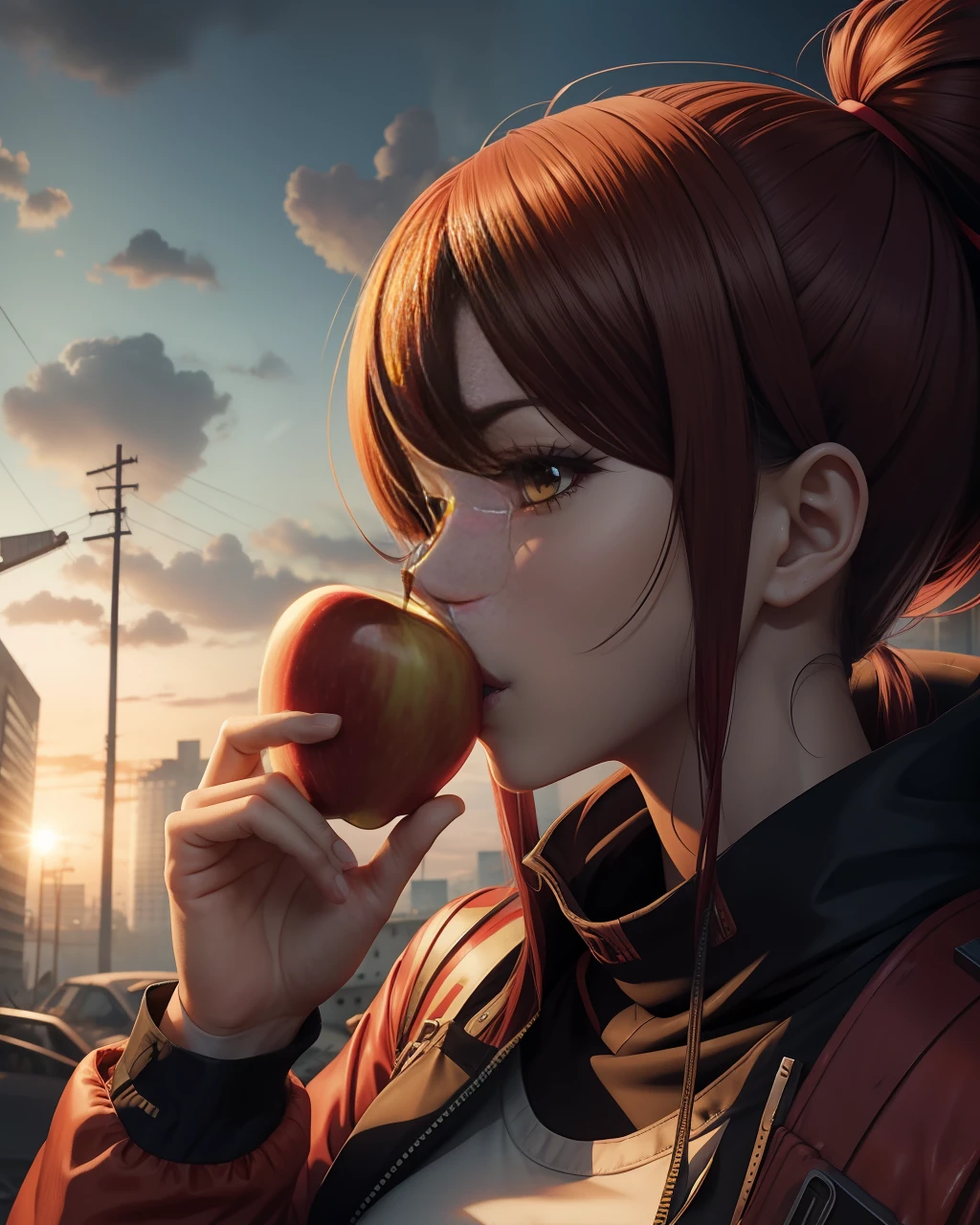 Anime Woman eating an apple after the apocalypse