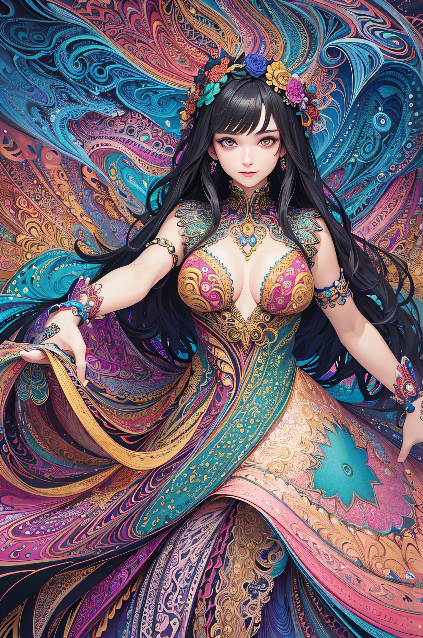(masterpiece, top quality, best quality, official art, beautiful and aesthetic:1.2), (1girl:1.3), extremely detailed,(fractal art:1.2),colorful,highest detailed,(zentangle:1.2), (dynamic pose), (abstract background:1.5), (treditional dress:1.2), (shiny skin), (many colors:1.4), upper body