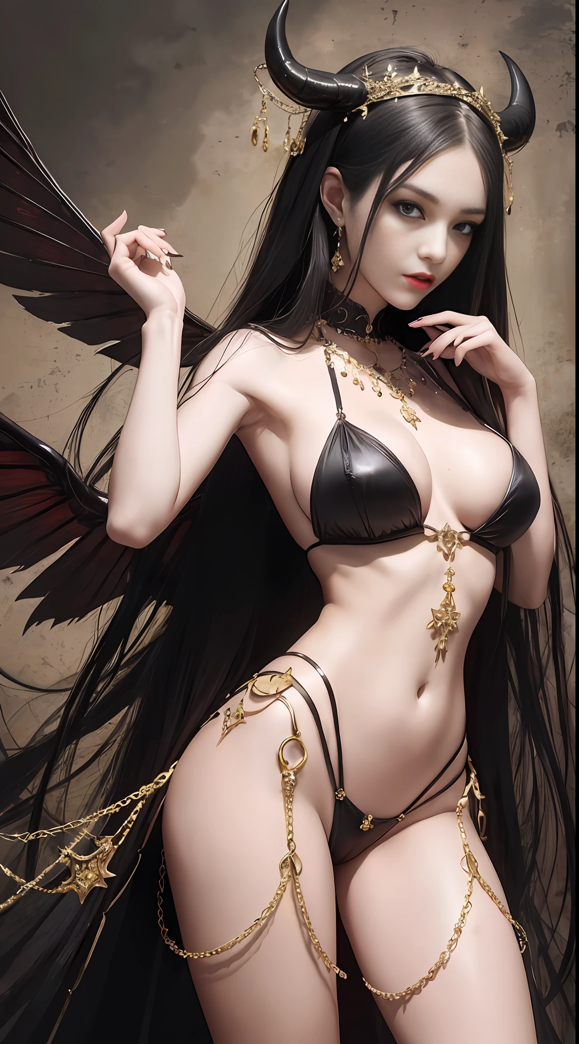 Master paintings,8K image quality big breasts,Master paintings,8K image quality big breasts,Small breast,Succubus,Devil wings,Delicate eye portrayal,Delicate portrayal of facial features,Delicate body portrayal,Delicate makeup portrayal,Metal chain,Long Black Hair,Elongated body,open-chested,Long legs,((Exposure))((wounded))Covered in blood,looming pubic hair,Gorgeous jewelry,areolae,