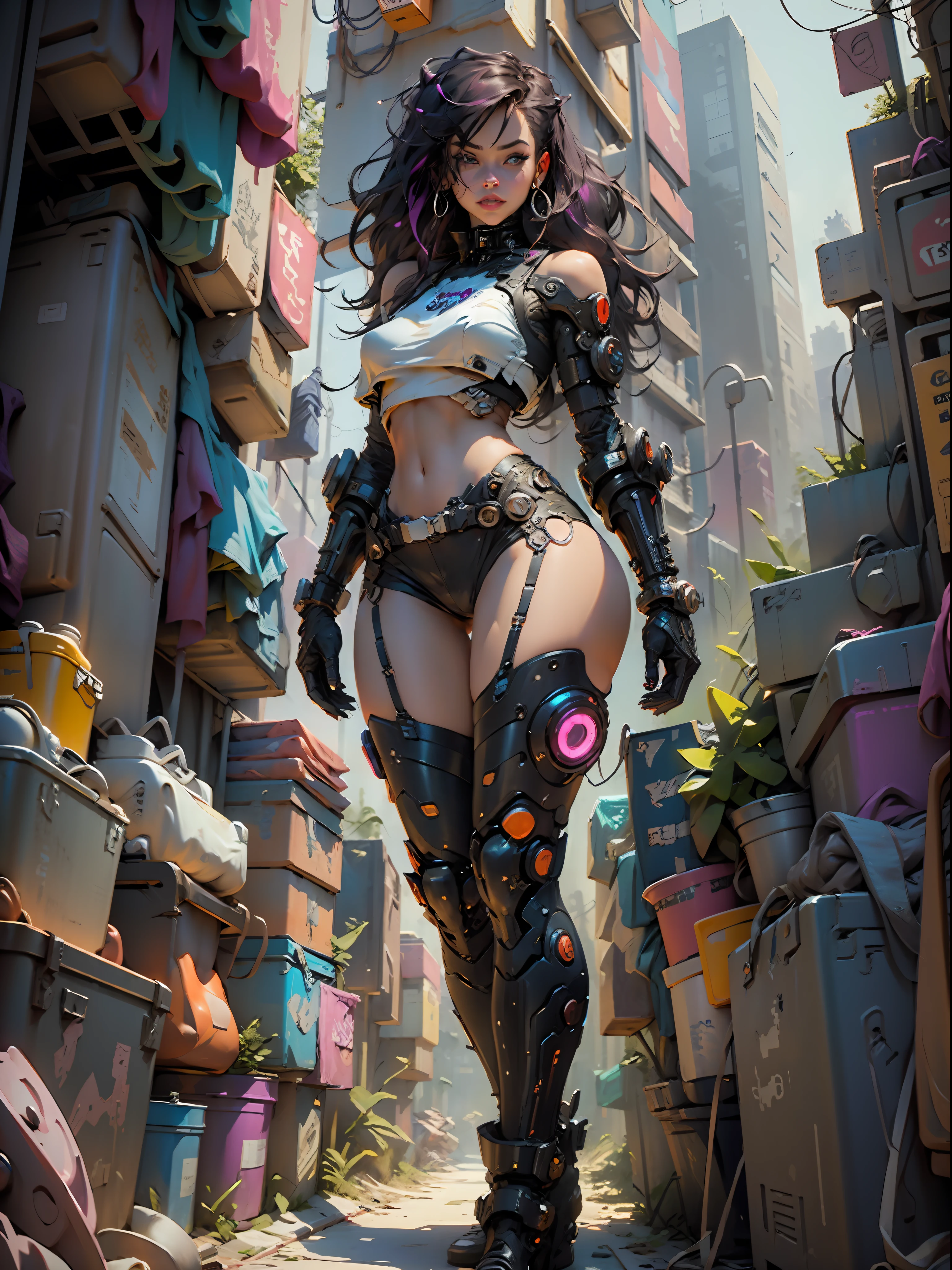 Woman body defined thick thighs cybernetic body parts, cyberpunk city