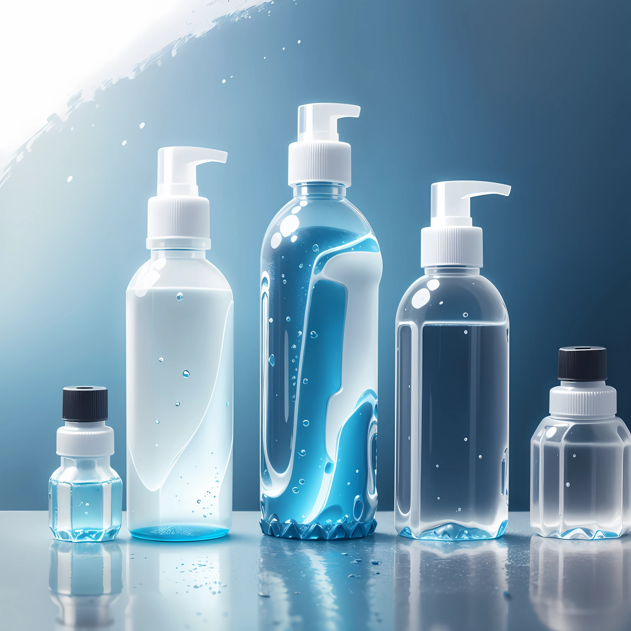 HDPE plastic bottles of various sizes, opacas e transparentes, with various spray caps and dosers, with interior liquid of various colors, on white surface and sky blue background, hiper-realista, Day lighting. --auto --s2