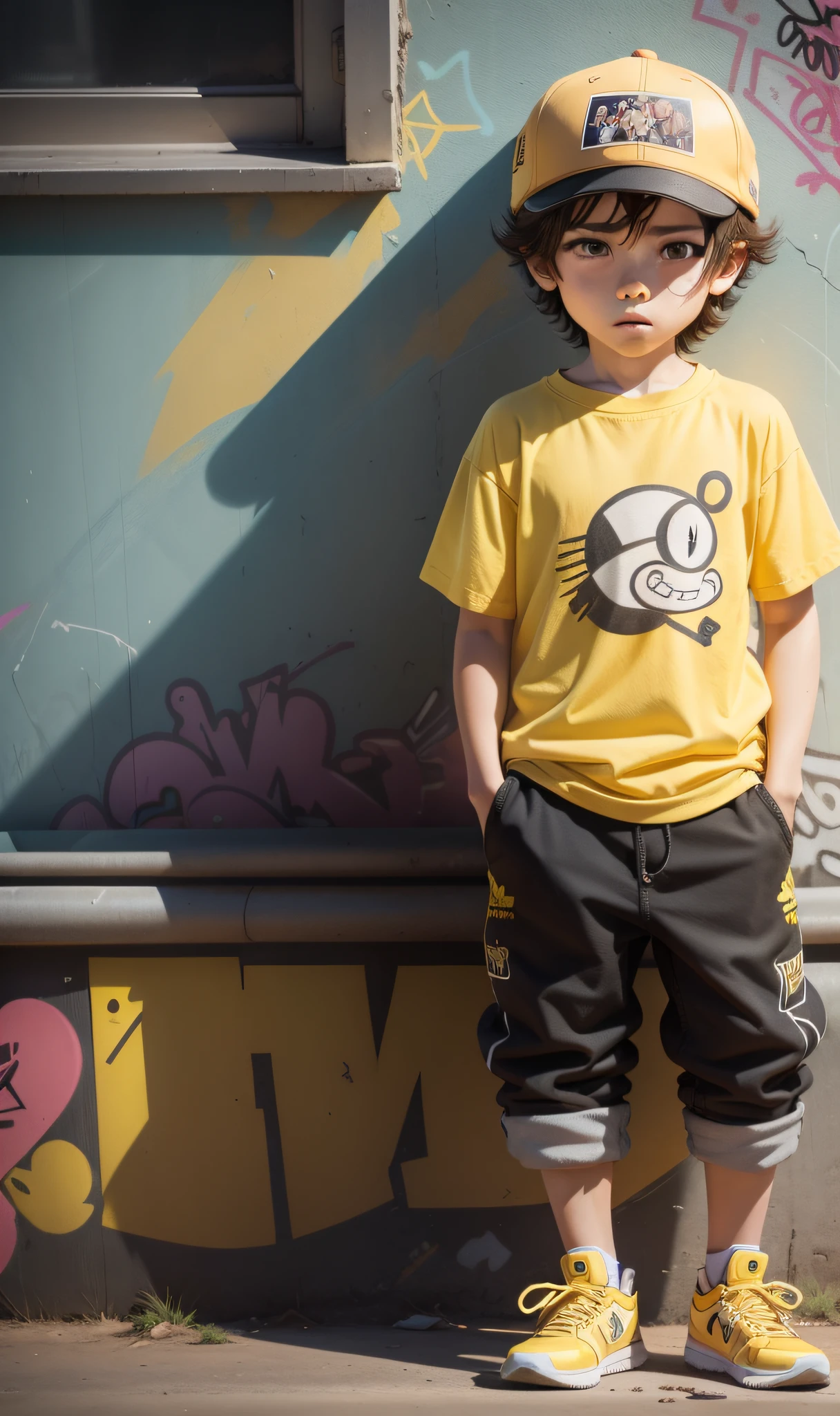 characters, cartoons, graffiti,  boys, cute, hats, yellow tops, yellow hats,