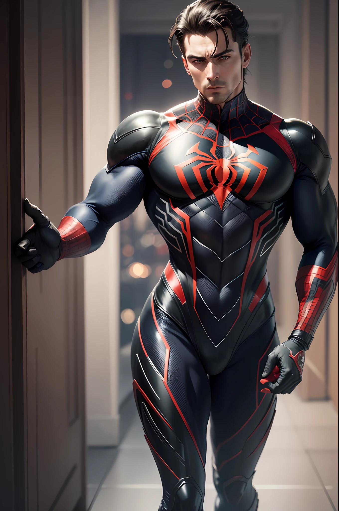 O spiderman 2099, quadrinhos da Marvel, Defined biceps and triceps, peitoral grande, penas fortes, deltoides fortes, defined abdomen,strong arm, aesthetic thick neck, No estilo de renderizações realistas, homem-aranha 2099, 8k, traje de cor preto, epic, dramatic, fantastical, full-body vision, design e detalhes intrigados , dramatic illumination, hiper-realismo, foto realista, cinematic, 8k, rosto detalhado, dramatic photo, epic photo. --auto --s2