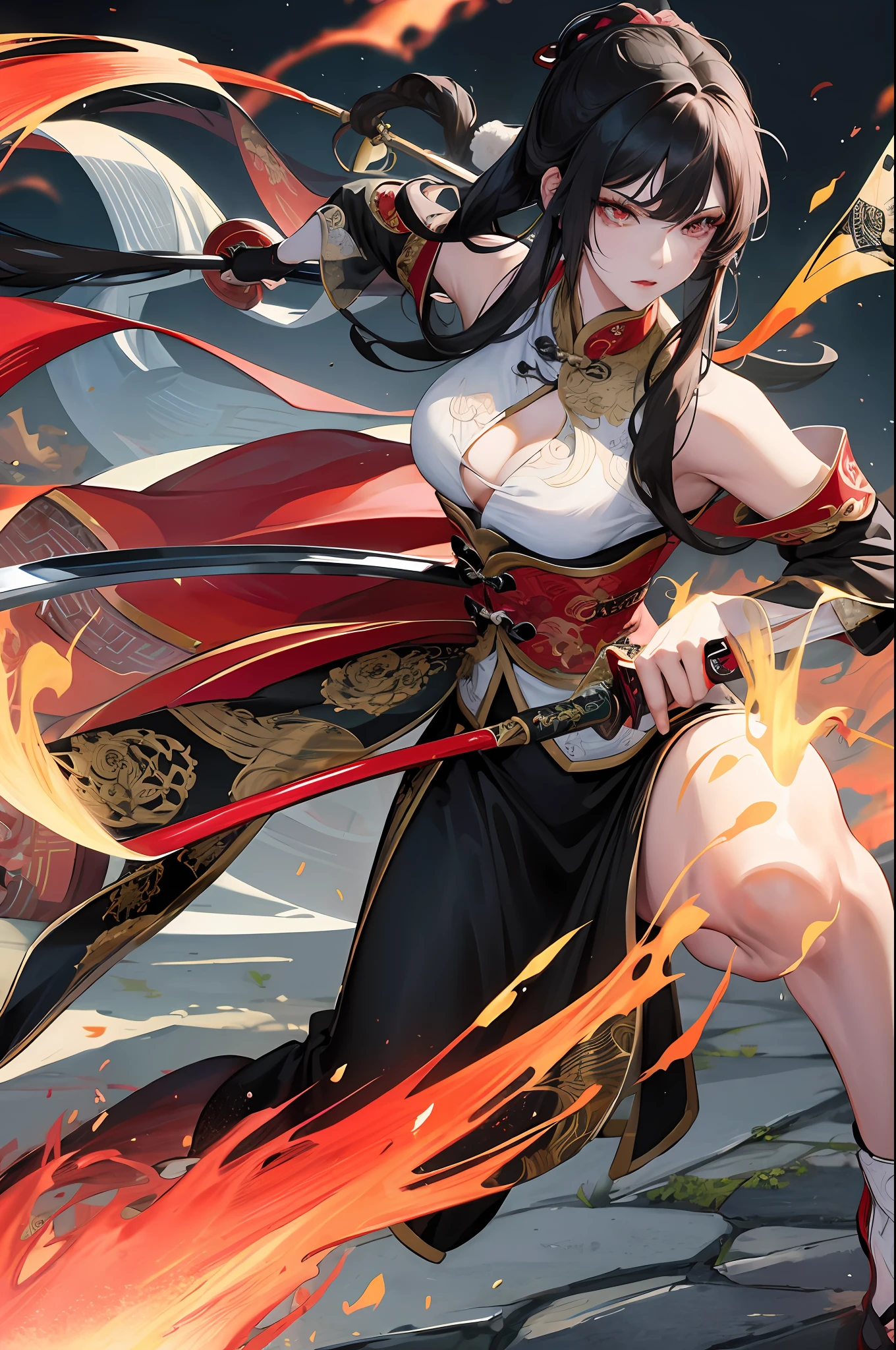 Masterpiece, Excellent, Night, Full Moon, 1 Female, Mature Woman, Chinese Style, Ancient China, Sister, Royal Sister, Cold Face, Expressionless, Black Hair and Long Haired Woman, Light Pink Lips, Calm, Intellectual, Three Bangs, Red Eyes, Assassin, Long Sword, Swordsman, Fighting, Street Scene, Facial Details, 8K Masterpiece, Anime Cover, Full Body Photo, Martial Arts Style, Handsome Woman, Tang Zichen