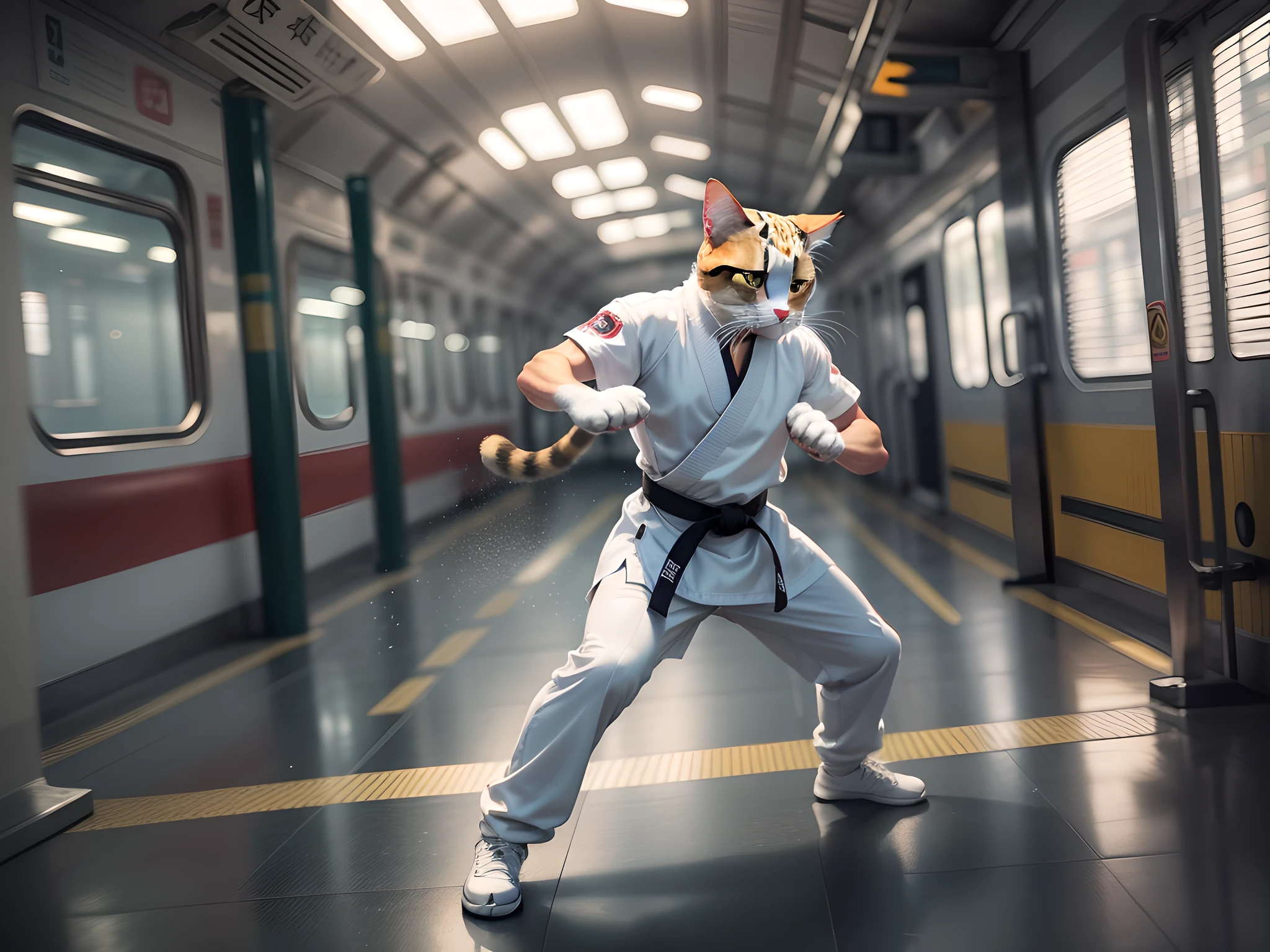 Photo of a cat fighting karate, em cima de um train em alta velocidade, clear, detalhado, de lado. detalhado, com qualidade, clear, usando roupas, fundo desfocado com movimento