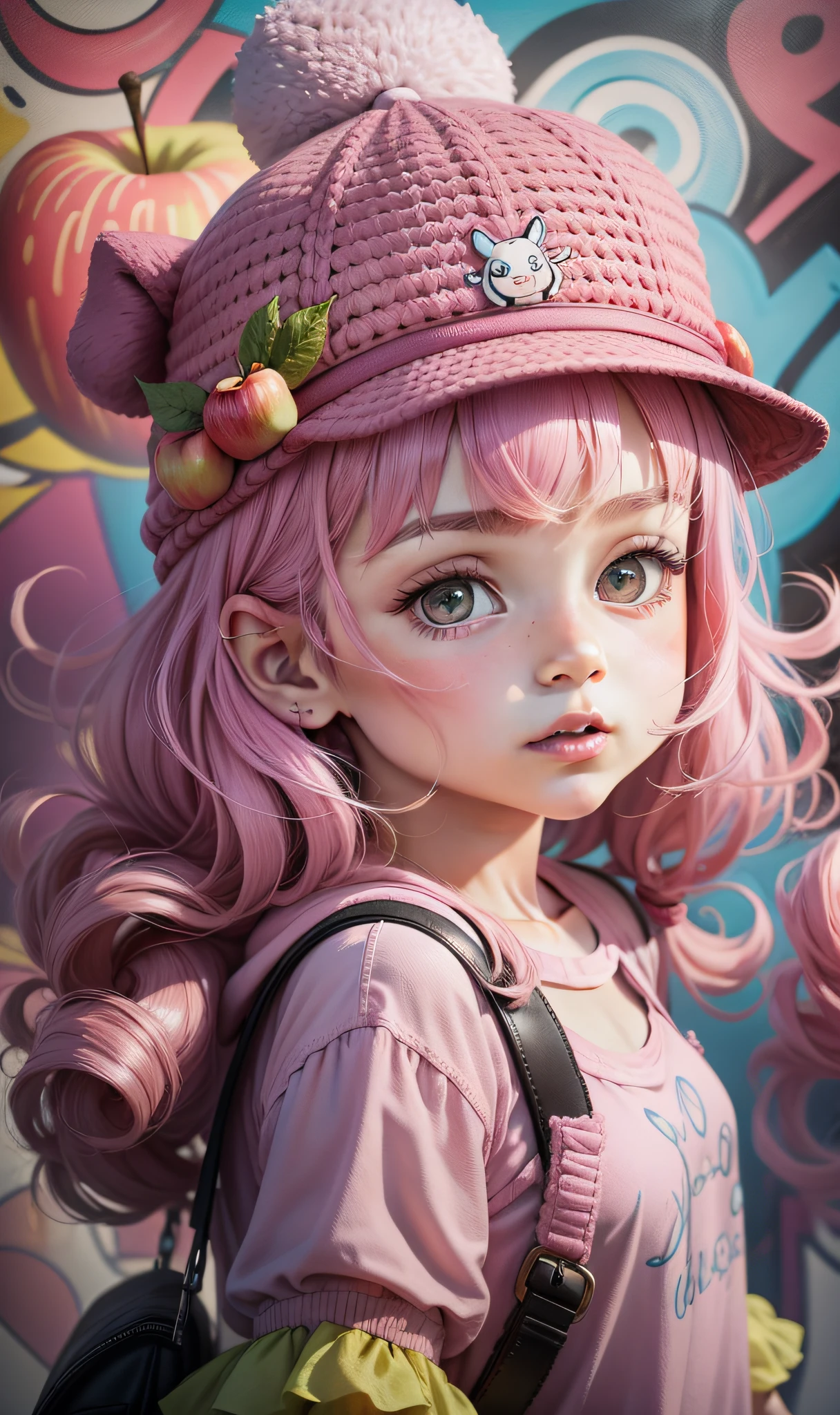 Characters, cartoons, graffiti, ***********s, cute, hats, pink tops, pink hats, apples.