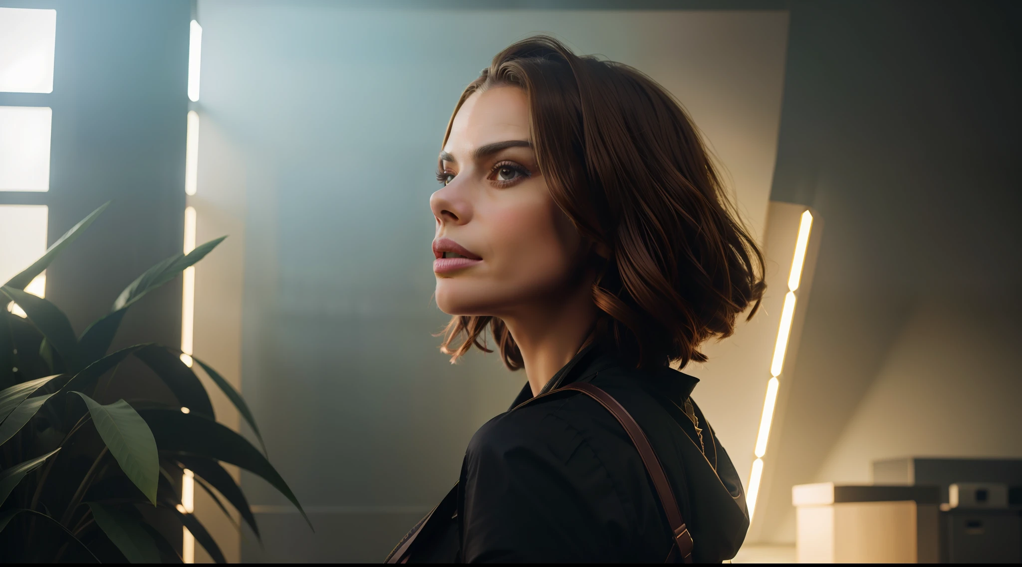 solarpunk home room environmental wide angle photo, stylish solarpunk style clothing, brunette woman, Hayley Atwell, vibrant, photorealistic, realistic, dramatic, dark, sharp focus, 8k