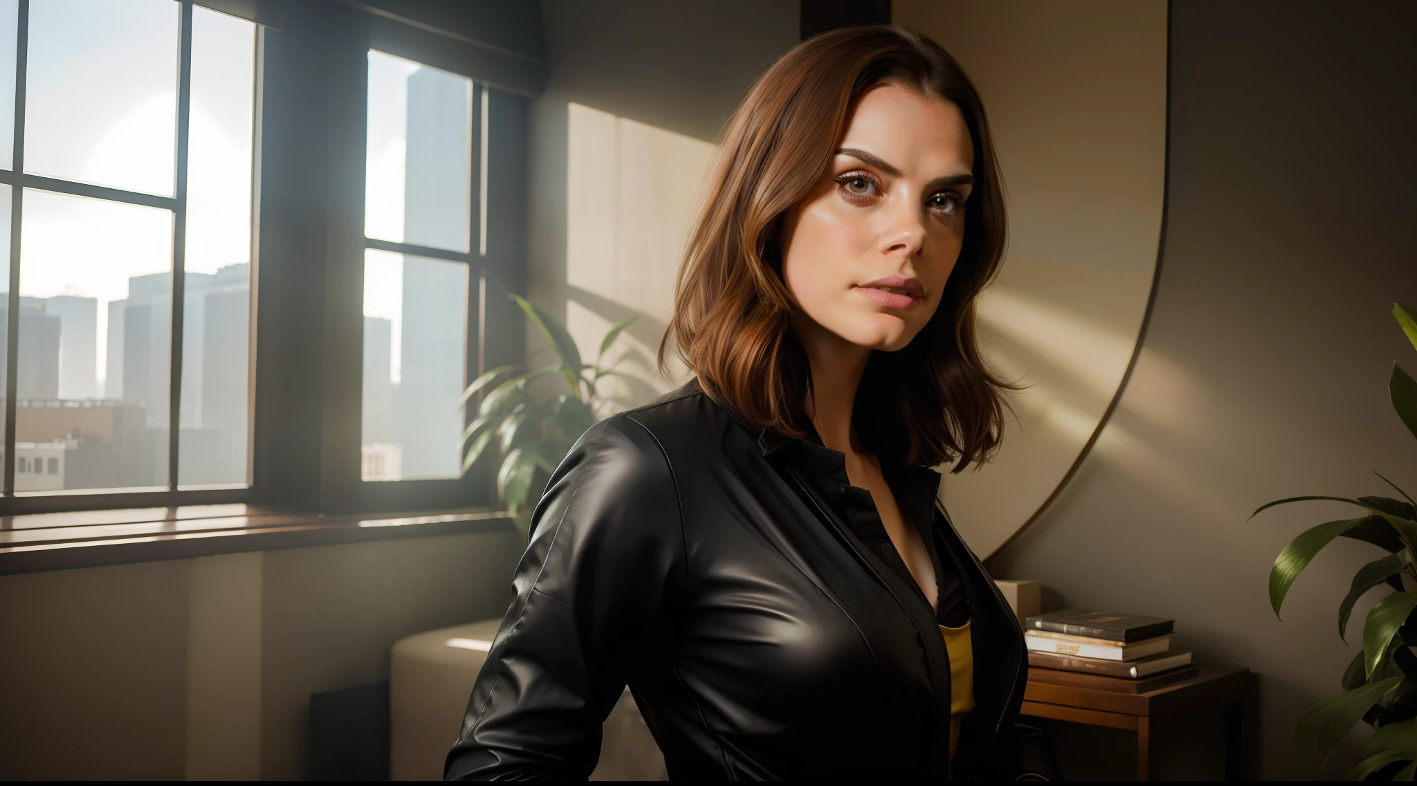 solarpunk home room environmental wide angle photo, stylish solarpunk style clothing, brunette woman, Hayley Atwell, vibrant, photorealistic, realistic, dramatic, dark, sharp focus, 8k