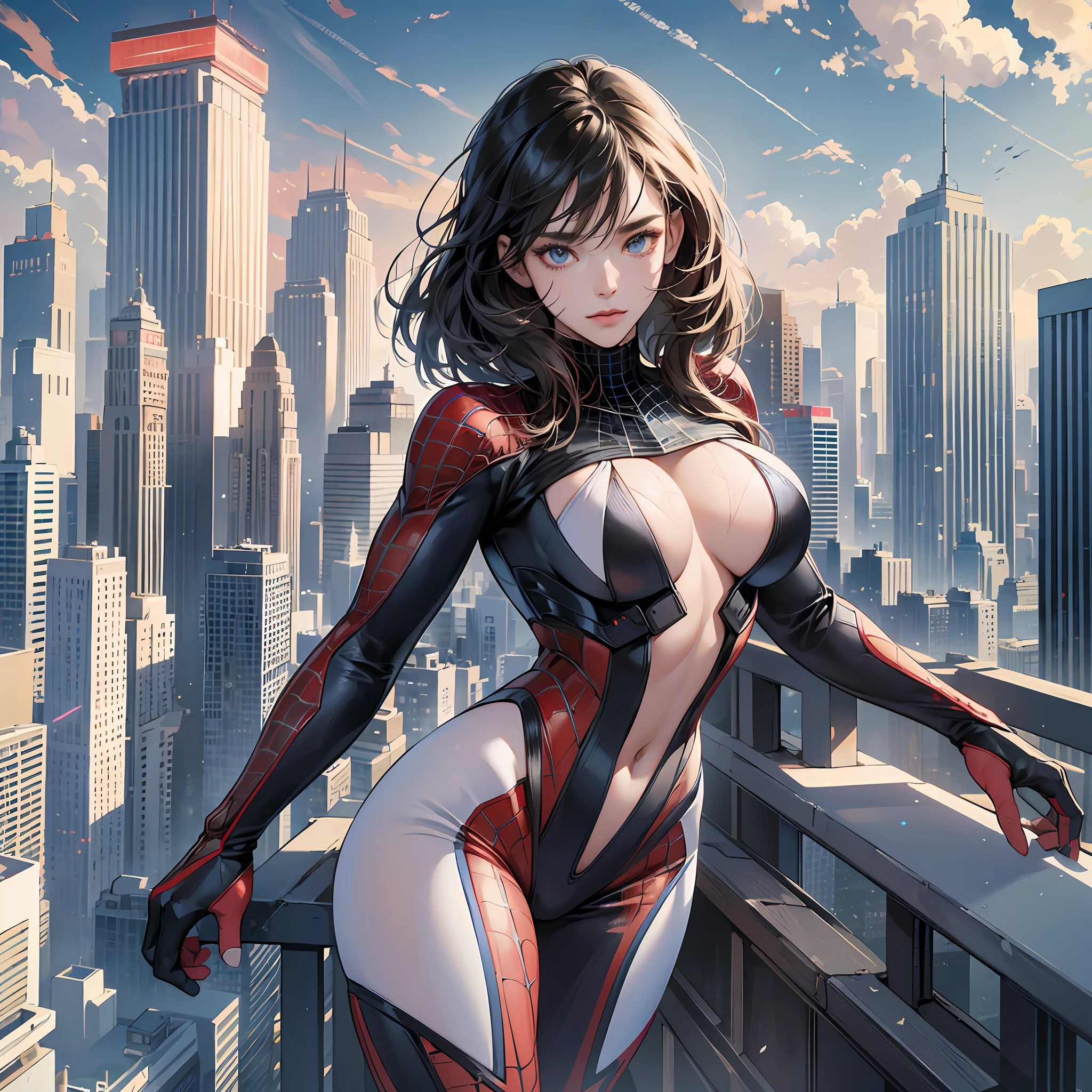 (1girl:1.3), Solo, (((Very detailed face)))), ((Very detailed eyes and face)))), Beautiful detail eyes, Body parts__, Official art, Unified 8k wallpaper, Super detailed, beautiful and beautiful, beautiful, masterpiece, best quality, original, masterpiece, super fine photo, best quality, super high resolution, realistic realism, sunlight, full body portrait, amazing beauty, dynamic pose, delicate face, vibrant eyes, (from the front), She wears Spider-Man suit, red and black color scheme, spider, very detailed city roof background, rooftop, overlooking the city, detailed face, detailed complex busy background, messy, gorgeous, milky white, highly detailed skin, realistic skin details, visible pores, clear focus, volumetric fog, 8k uhd, DSLR, high quality, film grain, fair skin, photo realism, lomography, futuristic dystopian megalopolis, translucent --auto --s2