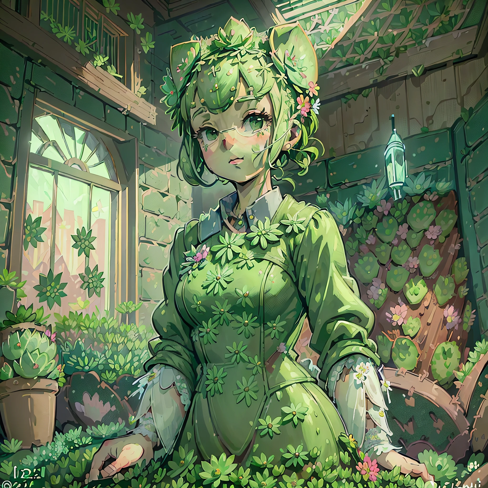 (Fresh and lovely)Cartoon illustration style,(Succulent+Fresh green:1.2+flowers+Medical effects:1.4),Bright building of the hospital,Warm lighting,(White uniform)The doctor's meticulous examination，Interact with props，Create colorful conceptual art，Emphasize a healing atmosphere，Add stylized elements of game art. --auto --s2