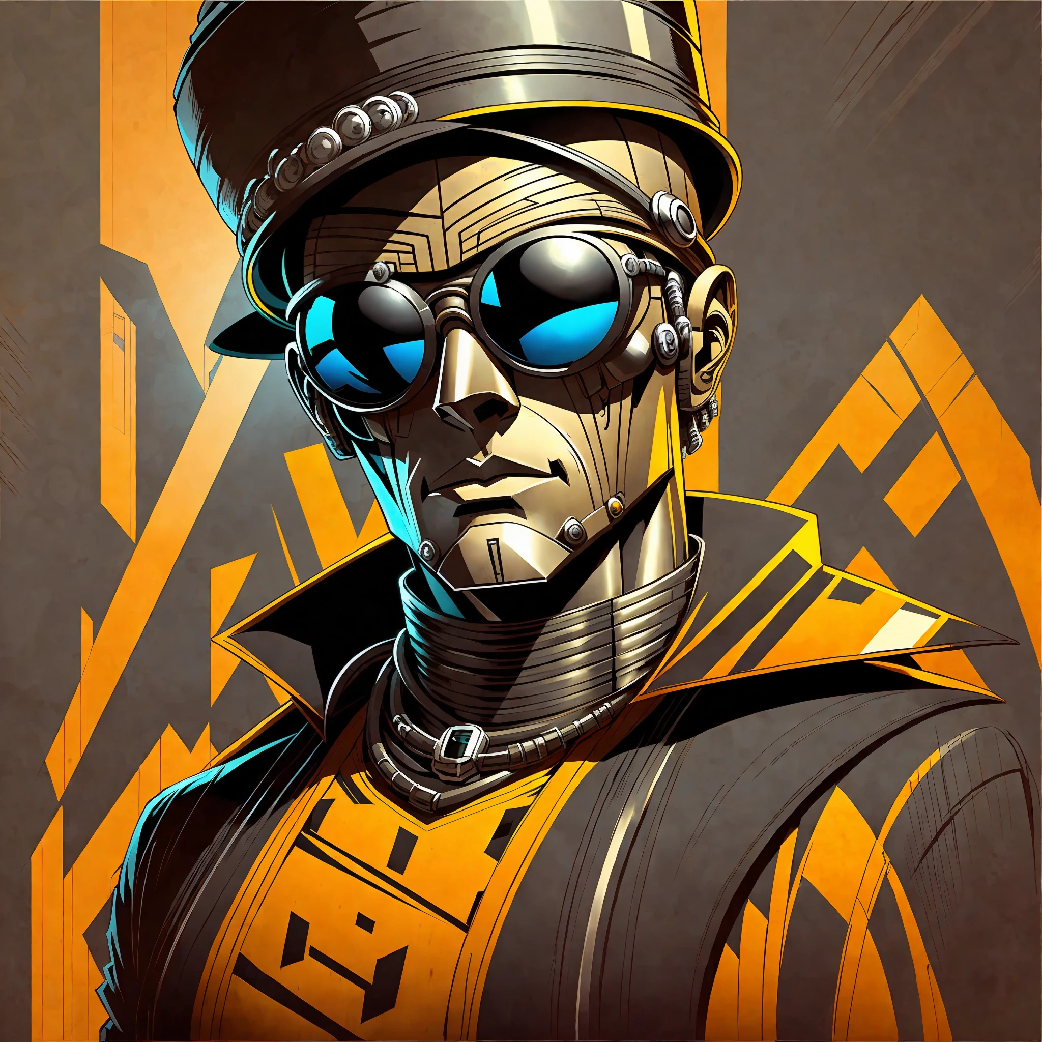 Karl Kroenen with German Hat, rosto tampado e misterioso ,Futuristic round sunglasses, um casaco gola alta preta, em um lugar escuro com tons brancos. --auto --s2