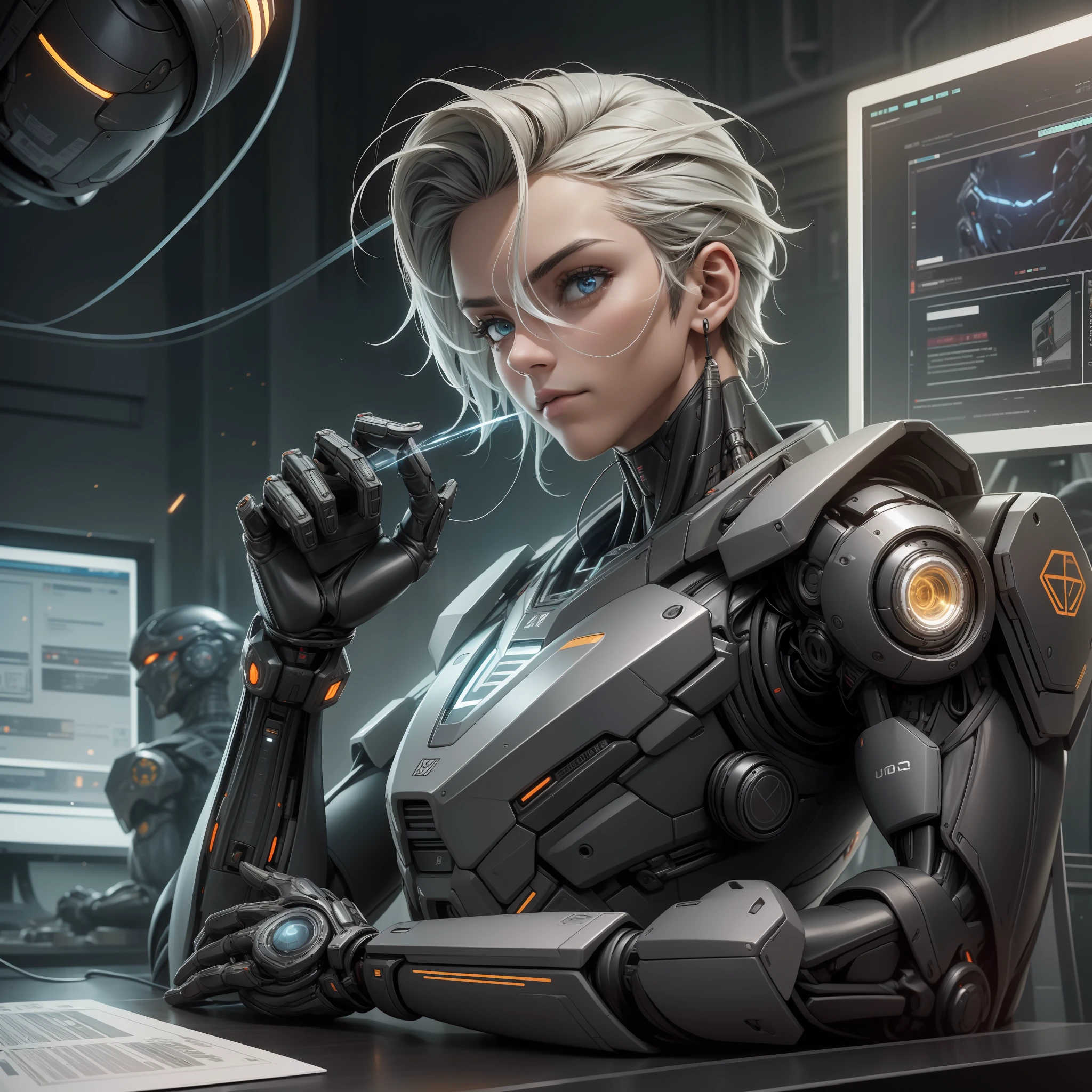 homem, sexo masculino, corpo inteiro, Large and super detailed cybernetic right arm, electricity runs through the detailed right arm, altamente detalhado, ambiente cyberpunk, studio lighting, escuro, Gothic, cabelo azuis, technological tattoo on the right side of the face, olhos brilhantes e luminosos, cinematic, ultra realista, Small floating robots make up the scene --auto --s2